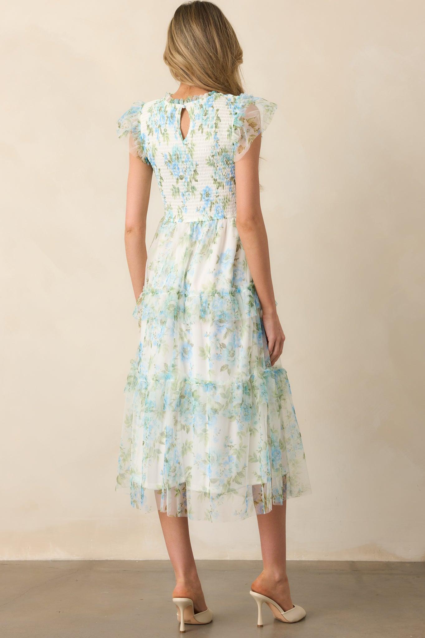 Sunrise Soiree Blue Floral Flutter Sleeve Midi Dress Product Image