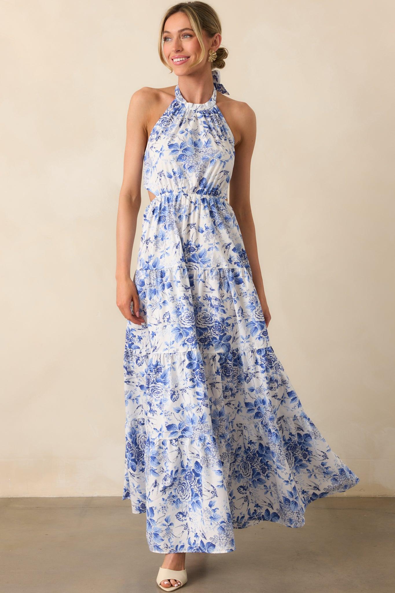 Secret Garden Blue Floral Cotton Halter Maxi Dress Product Image