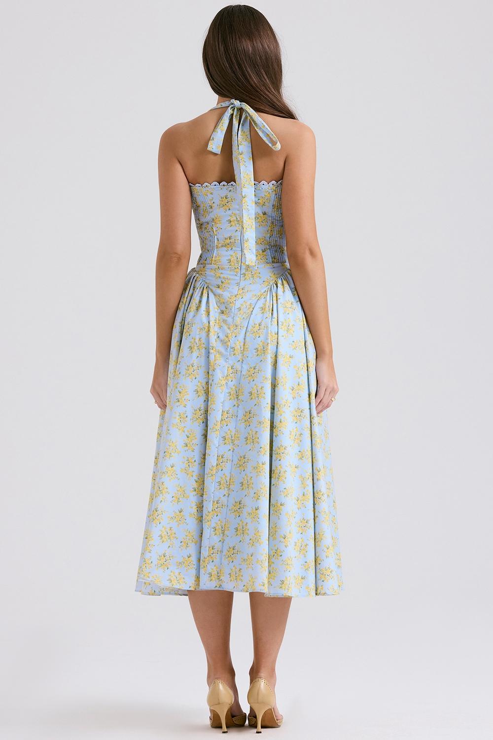 Adabella  soft blue vintage floral print cotton halter sundress Product Image