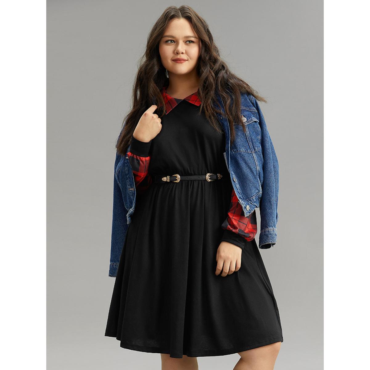 Plus Size Supersoft Essentials Plaid Patchwork Gathered Dress Black Women Casual Patchwork Lapel Collar Long Sleeve Curvy Knee Dress BloomChic 12/L Product Image