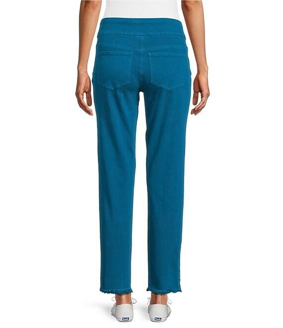 Multiples Solid Garment Dyed Straight Leg Fringe Hem Pull-On Ankle Pants Product Image