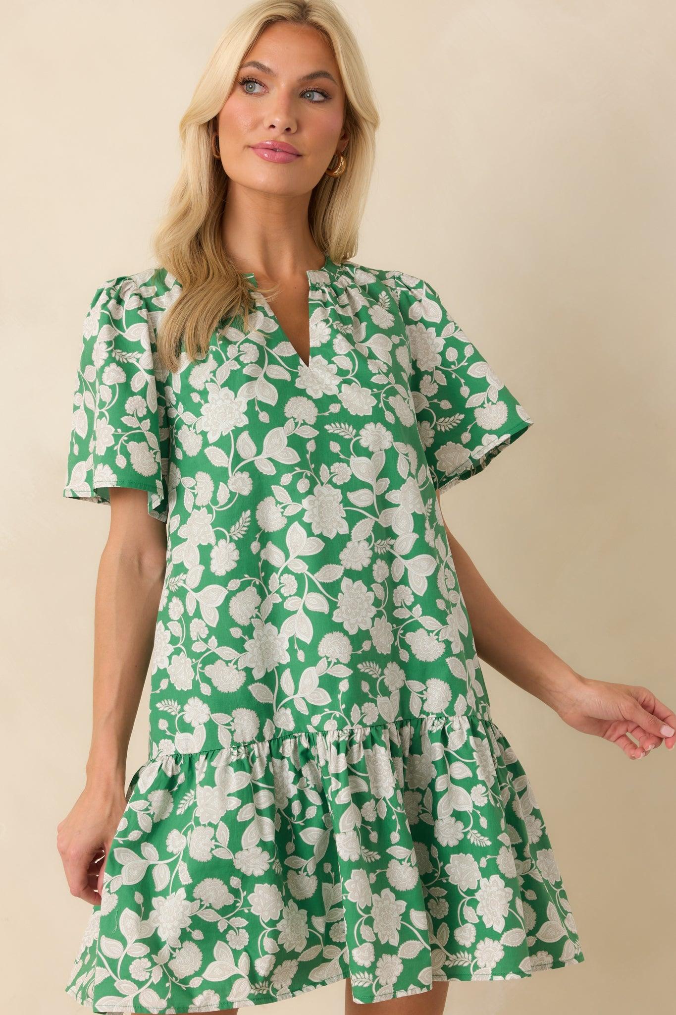 Where It All Begins Green Floral Print Cotton Mini Dress Product Image