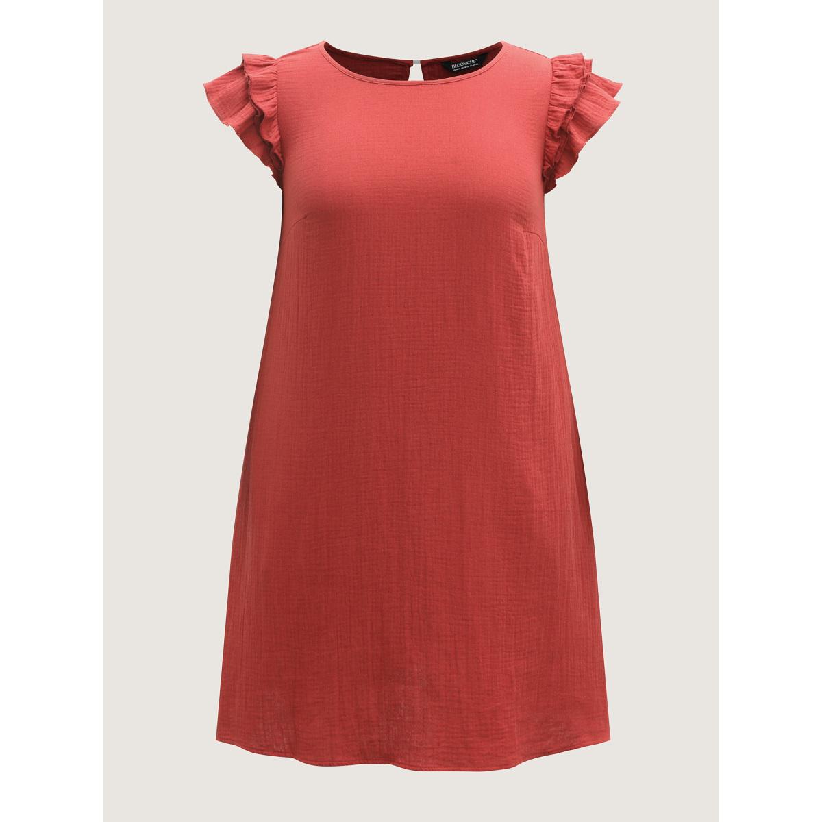 Plus Size Pure Cotton Textured Ruffled Midi Dress Rust Women Playful Round Neck Cap Sleeve Curvy BloomChic 22-24/3X Product Image