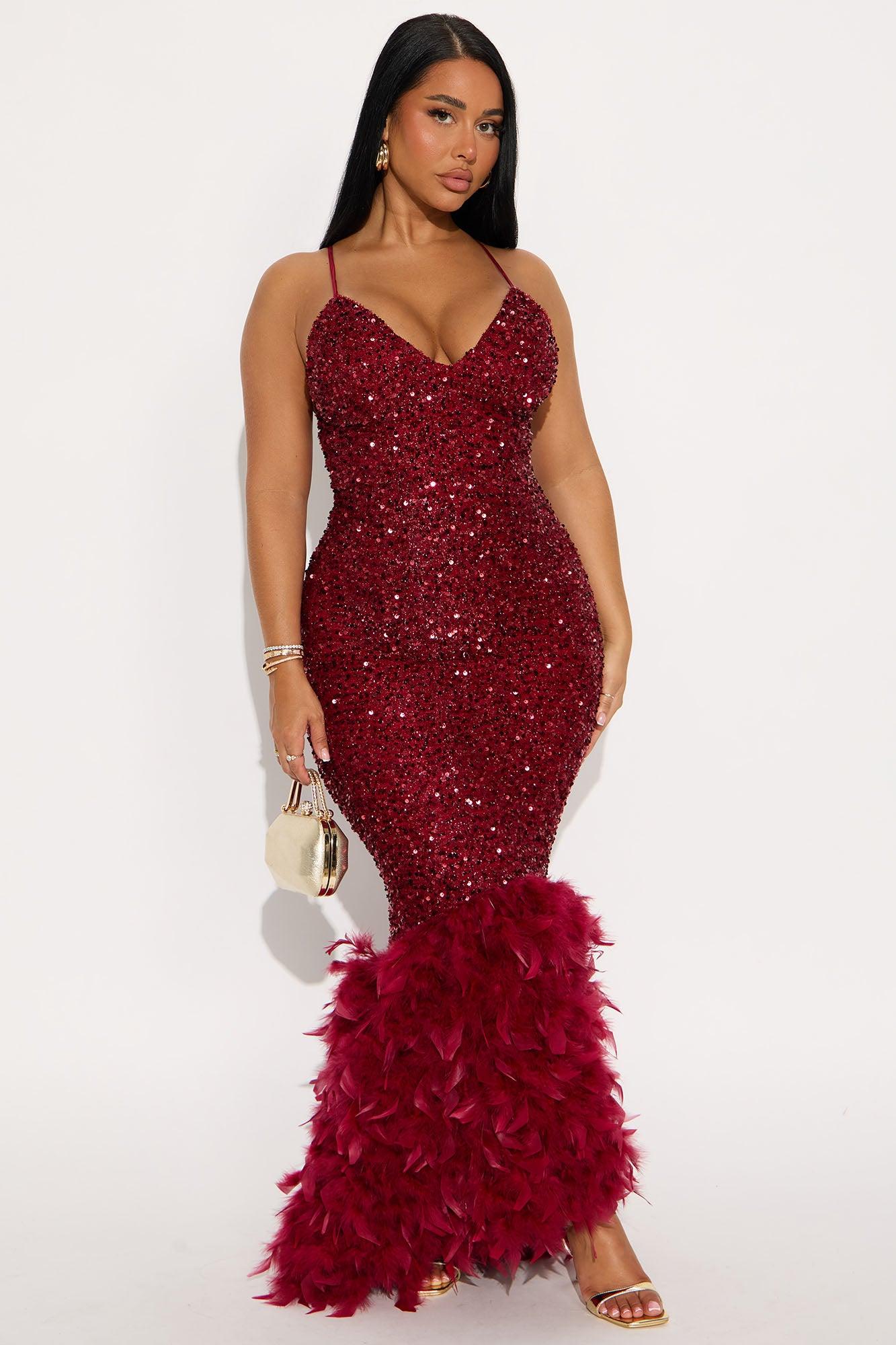 Zoey Spaghetti Strap Feathered Sequin Gown - Wine Female Product Image