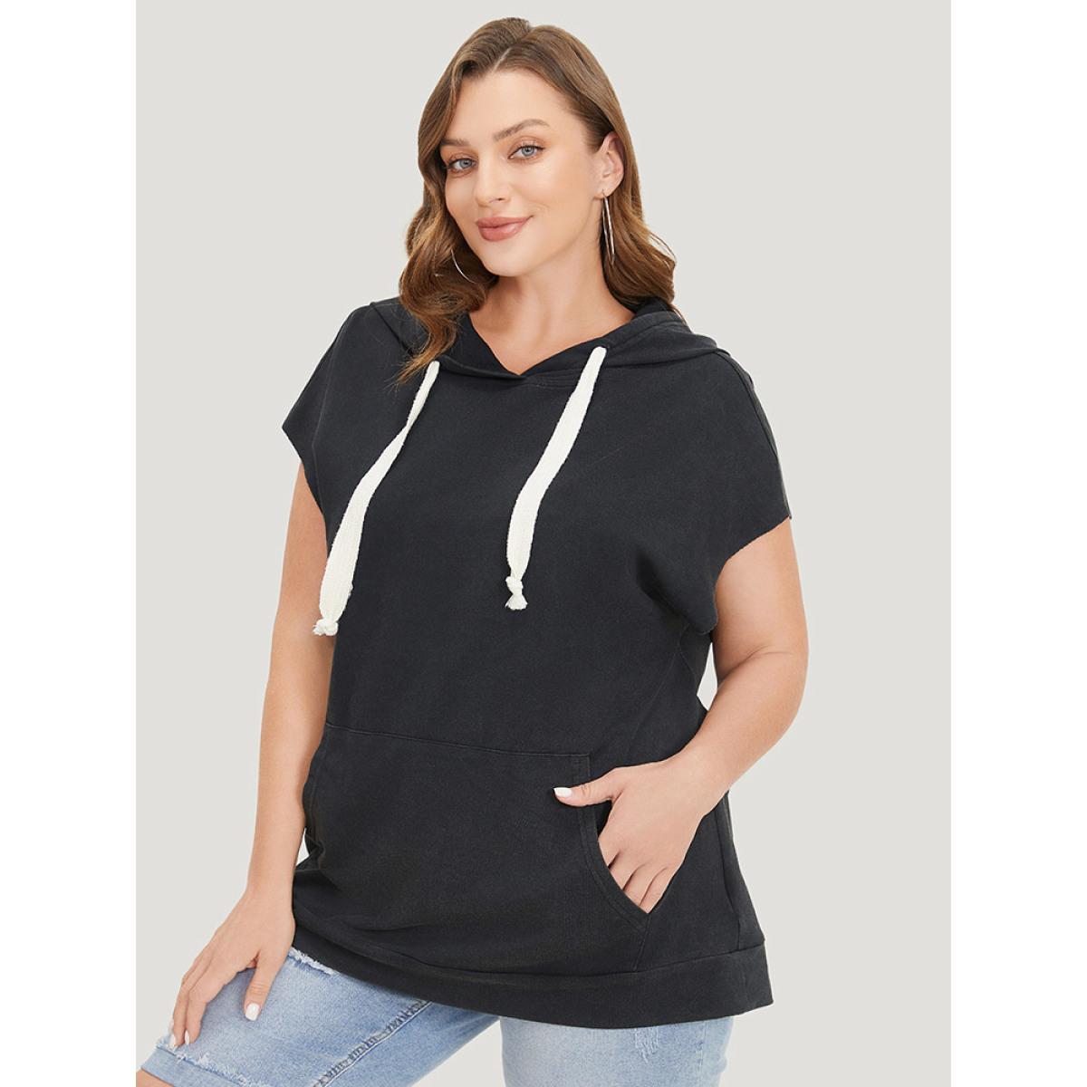 Plus Size Hooded Ties Pocket Batwing Sleeve T-shirt Black Women Casual Cross straps Plain Hooded Dailywear T-shirts BloomChic 10/M Product Image