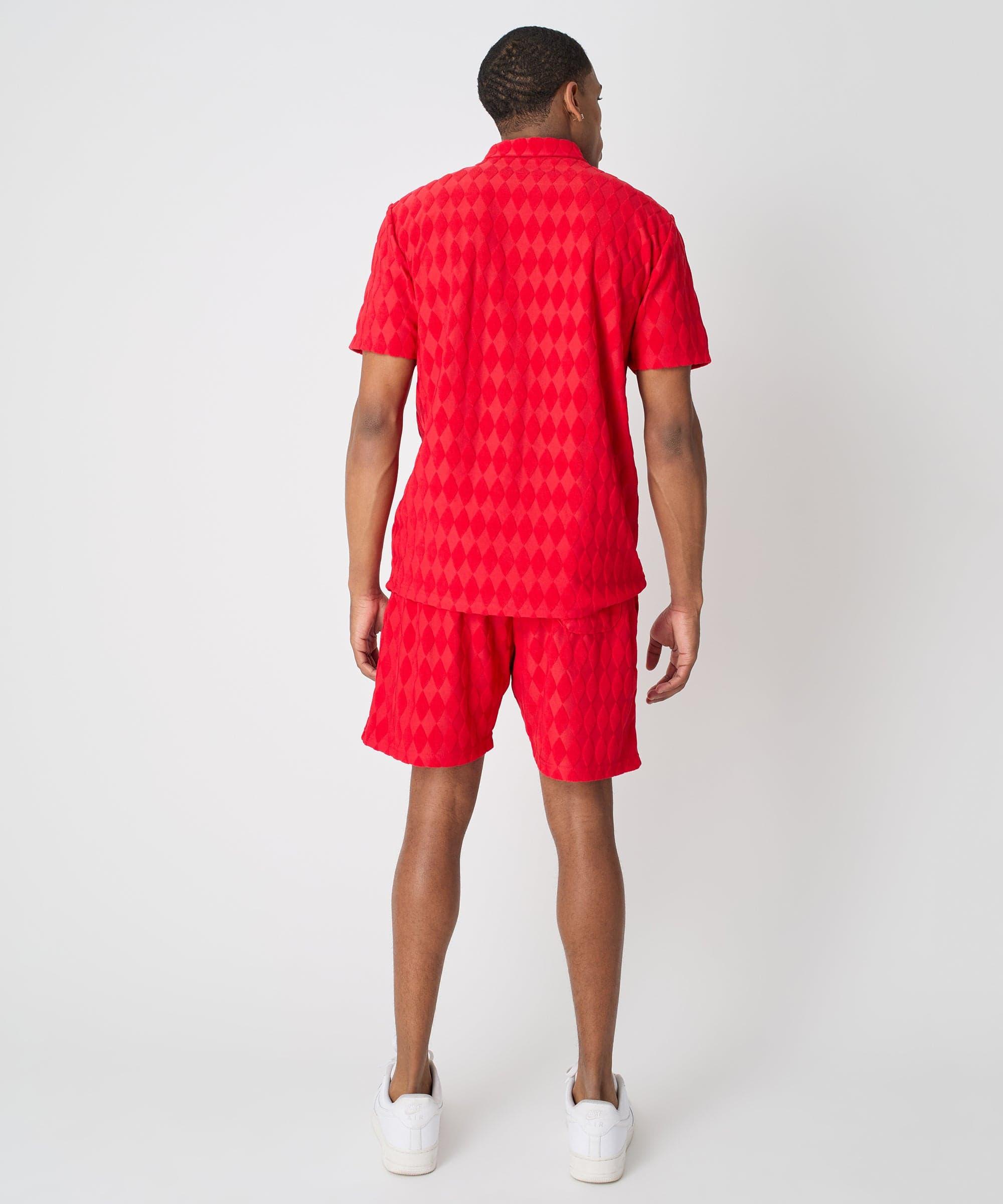 Diamond Plate Towel Color Blocked Short Sleeve Button Down Shirt - Red Product Image
