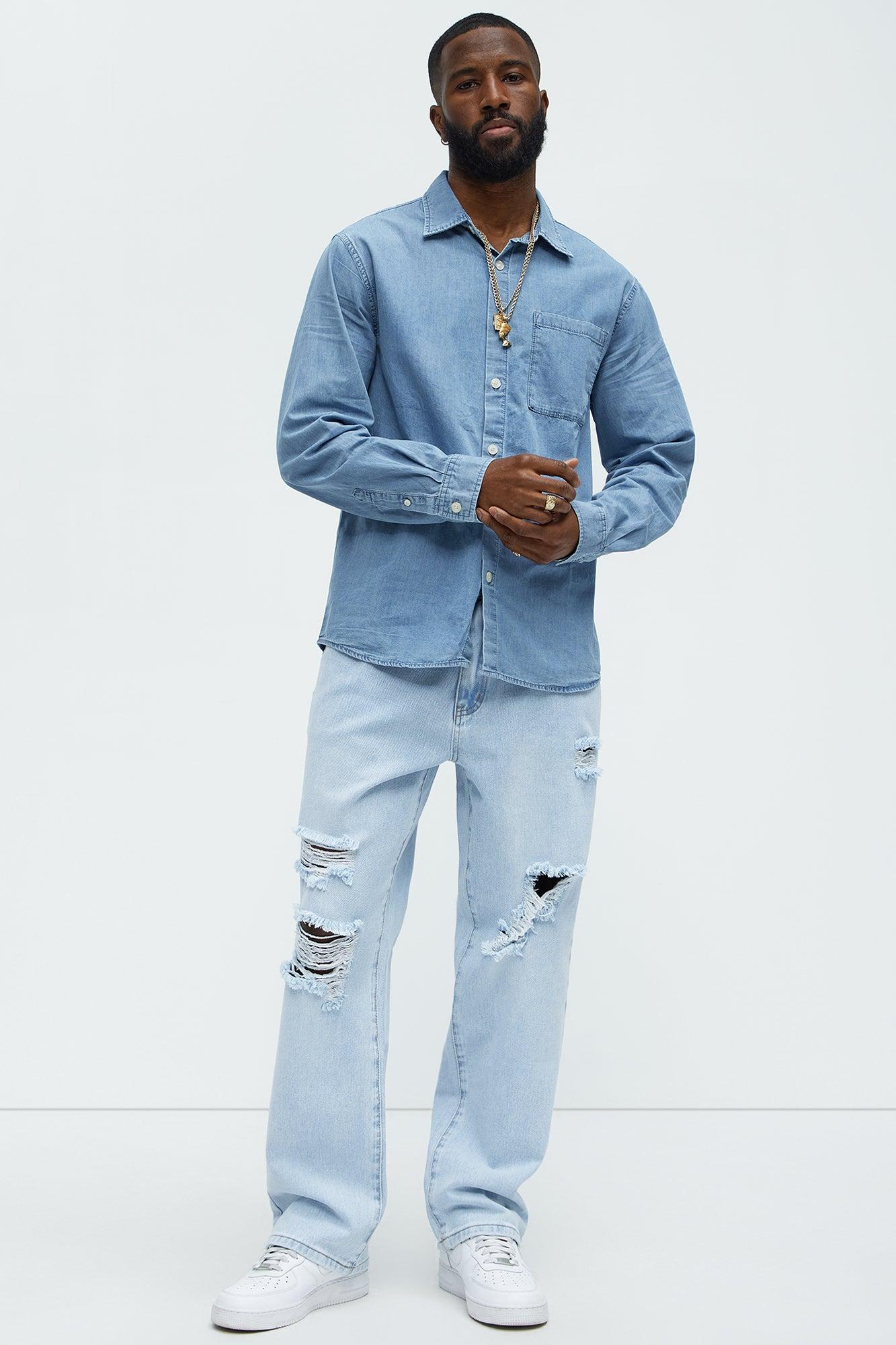 Classic Distressed Straight Jeans - Light Wash Product Image
