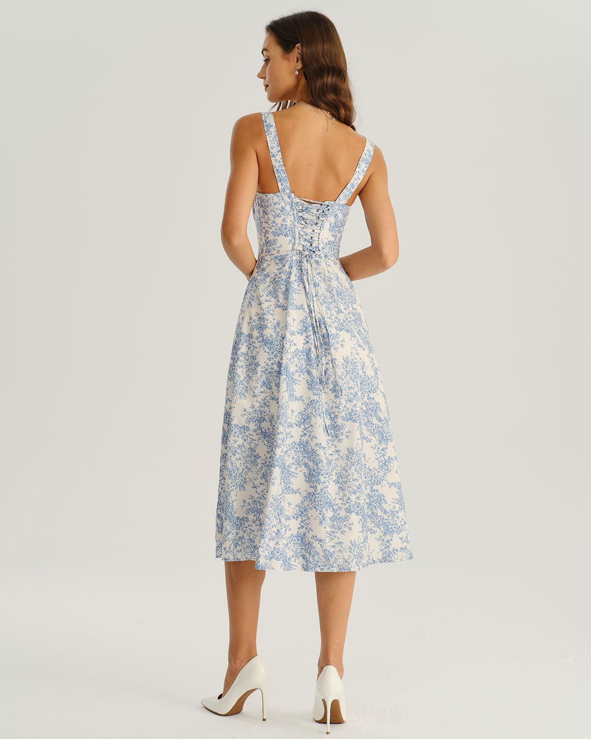Blue Floral Ruched Slip Midi Dress Product Image