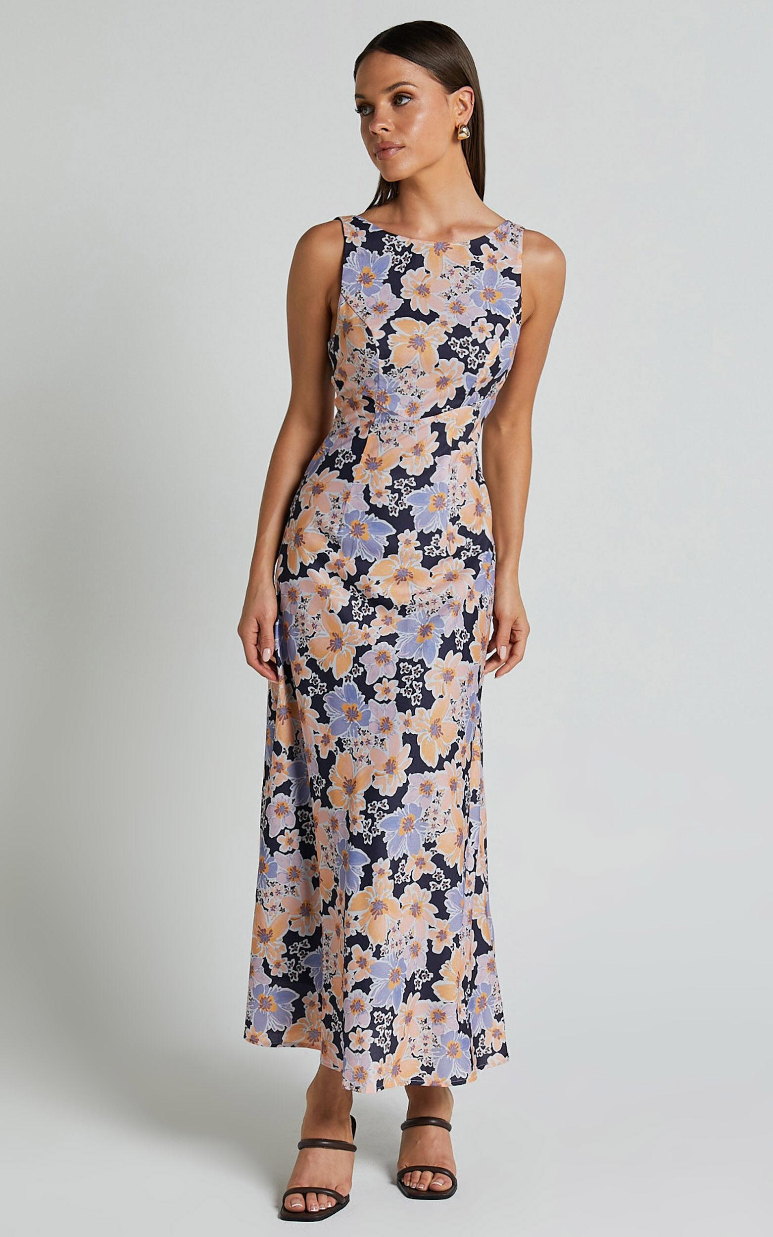 Jenibelle Midi Dress - Boat Neck Open Back Sleeveless Bias Cut Slip Dress in Mellow Floral Product Image