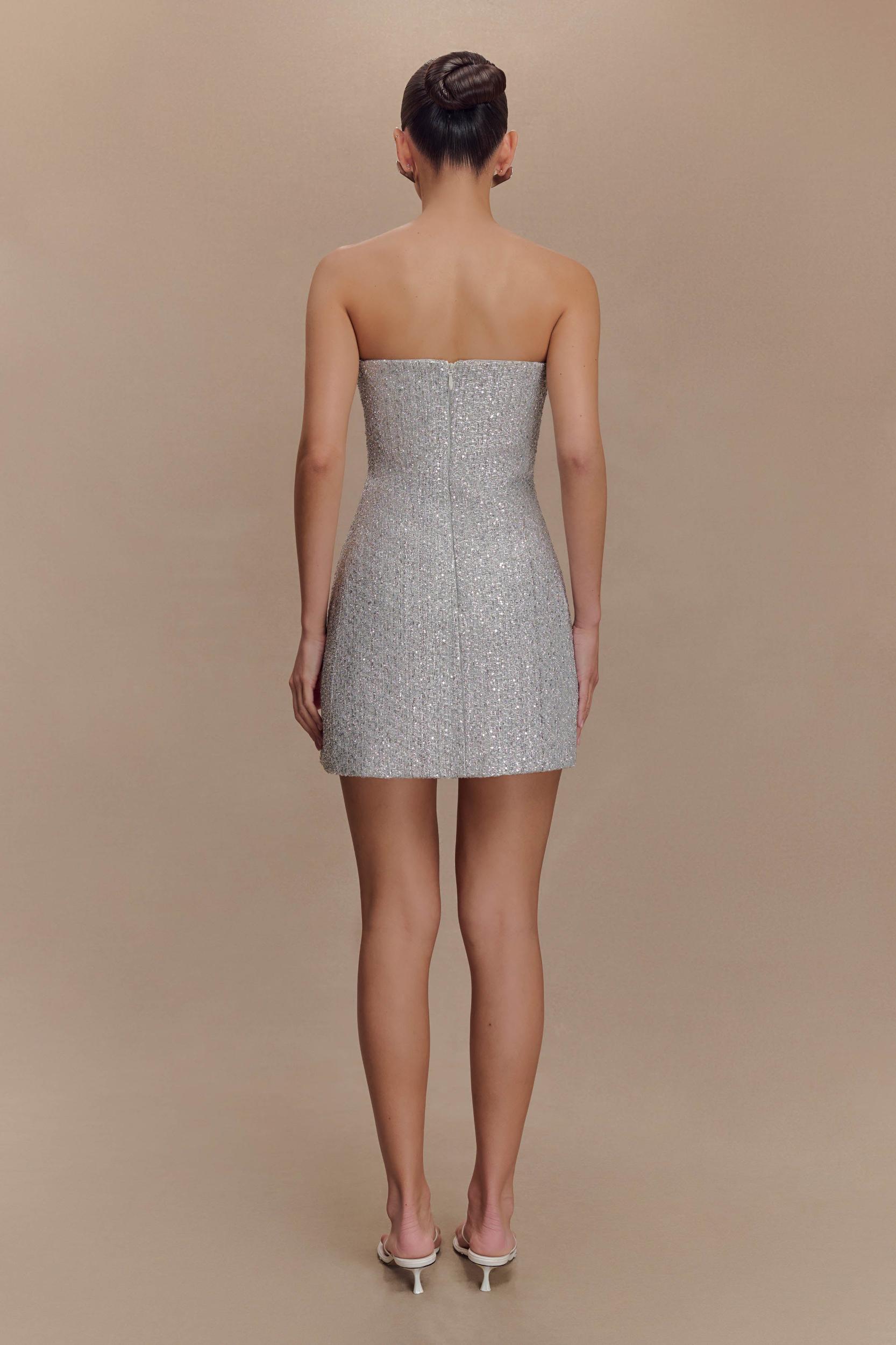 Gala Strapless Tweed Mini Dress - Silver Product Image