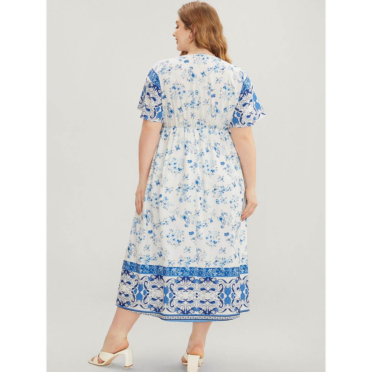 Plus Size Bandana Ruffle Sleeve Button Detail Pocket Ties Up Dress LightBlue Women Vacation Pocket V-neck Short sleeve Curvy Midi Dress BloomChic 12/L Product Image