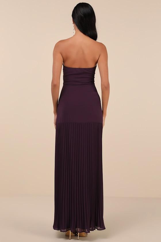 Celebratory Aesthetic Dark Purple Pleated Strapless Maxi Dress Product Image