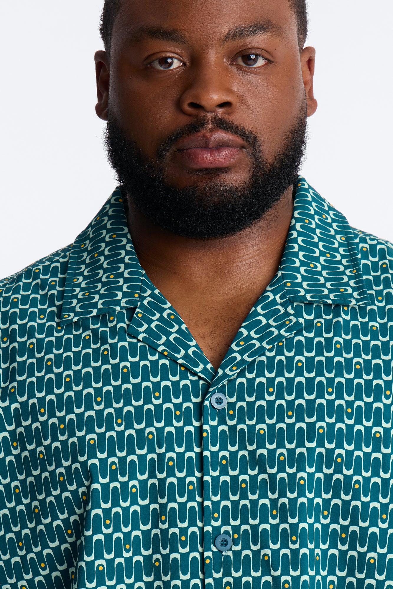 Relaxed Disco Plunge Geometric Cuban Collar Button Up Shirt - Teal/combo Male Product Image