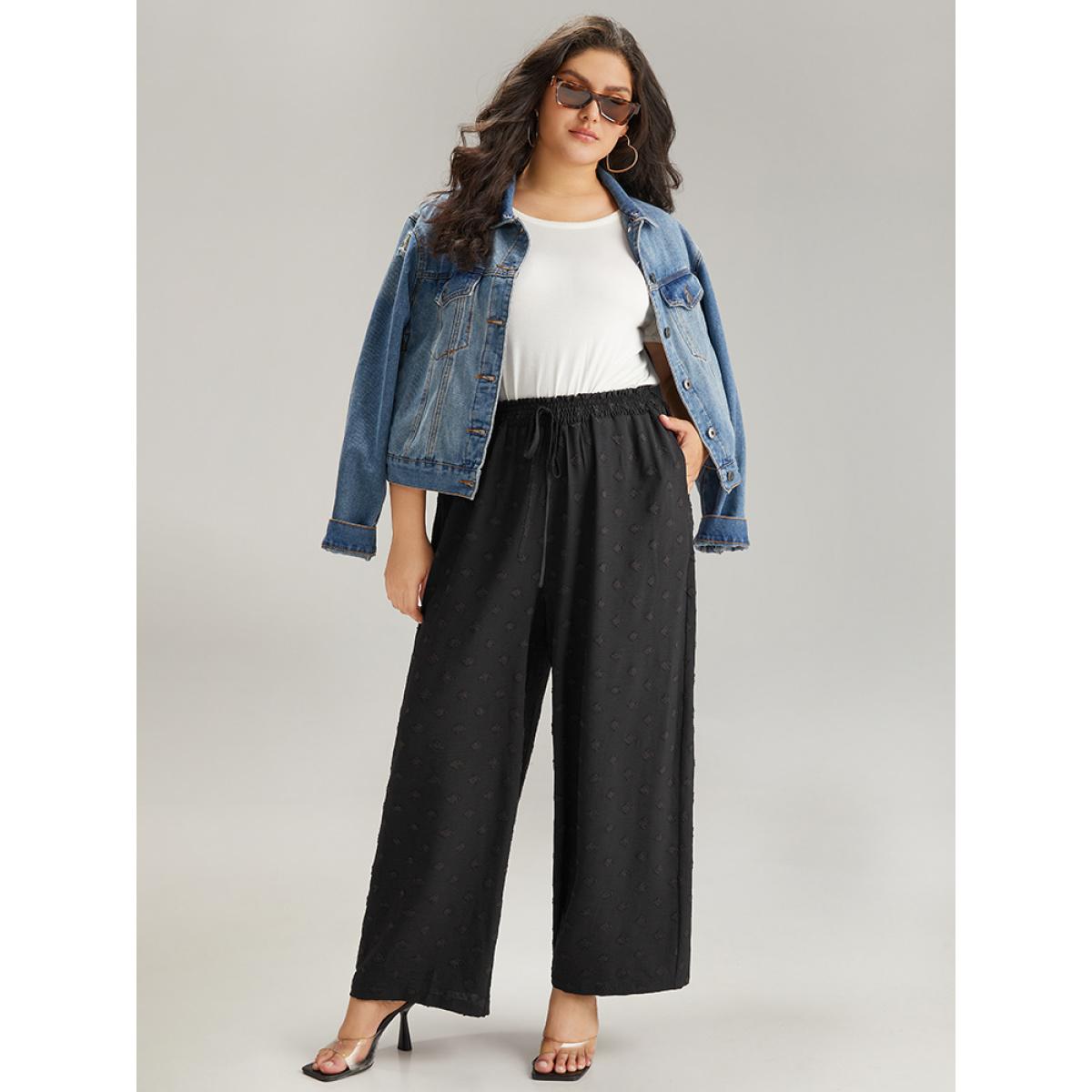 Plus Size Plain Textured Paperbag Waist Ties Pants Women Black Casual Straight Leg High Rise Dailywear Pants BloomChic 10/M Product Image