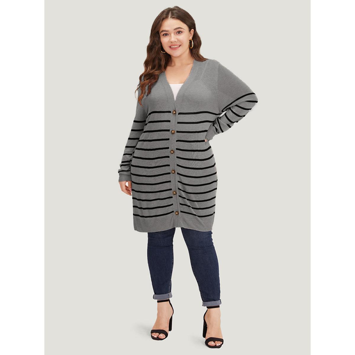 Plus Size Supersoft Essentials Striped Button Fly Tunic Cardigan Gray Women Casual Loose Long Sleeve Dailywear Cardigans BloomChic 14-16/1X Product Image