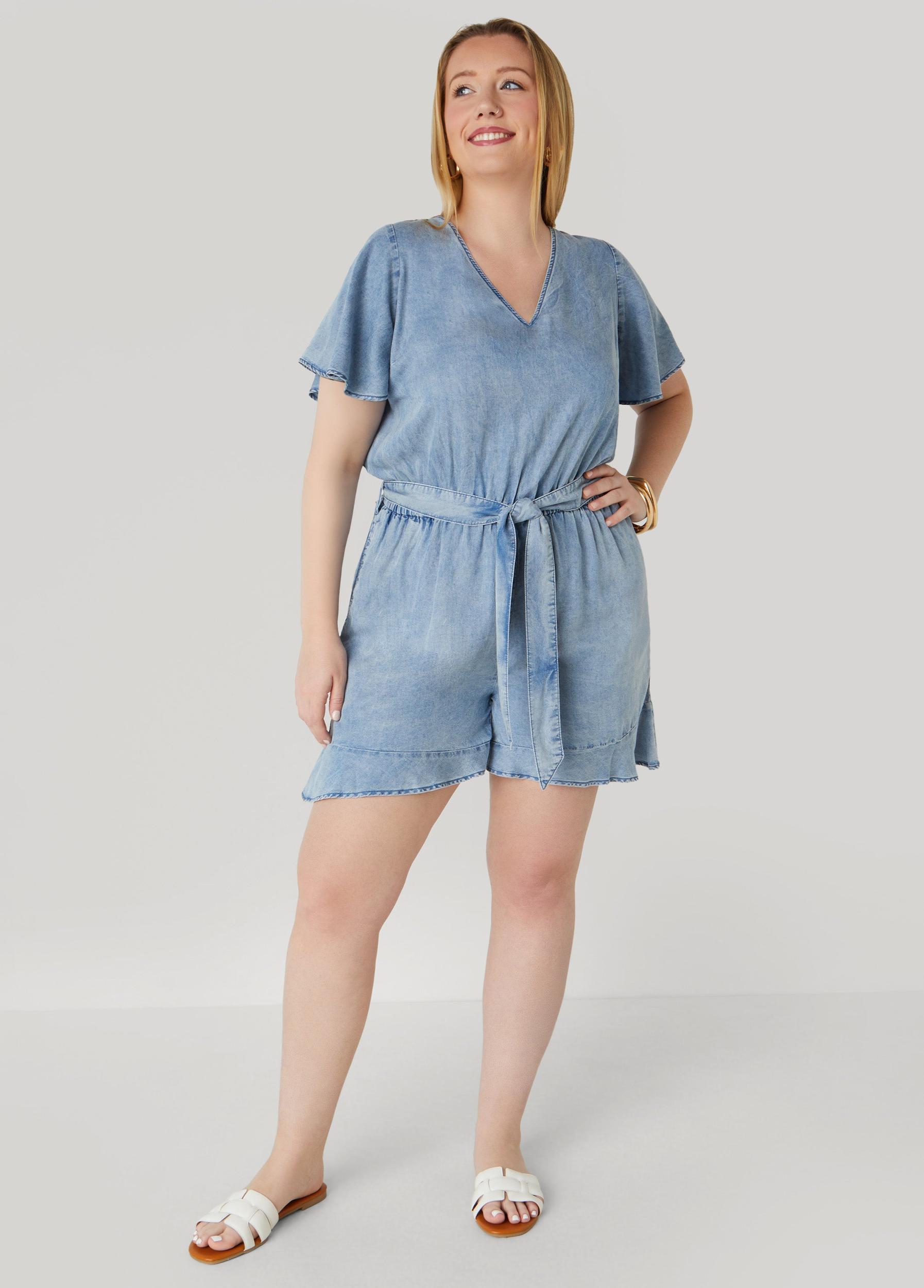 Plus Size Ruffle Trimmed Chambray Romper Ashley Stewart Product Image