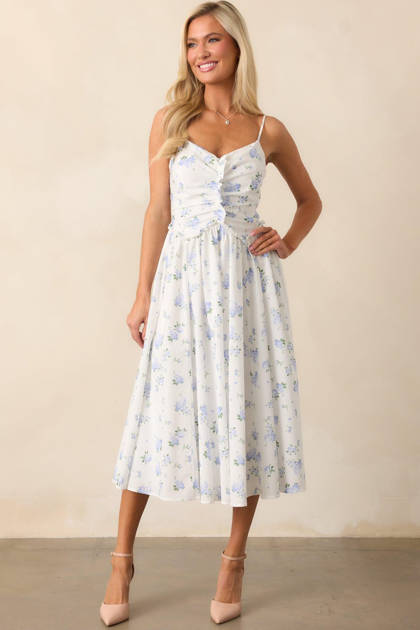 Garden Treasures Light Blue Floral Cotton Midi Dress Product Image