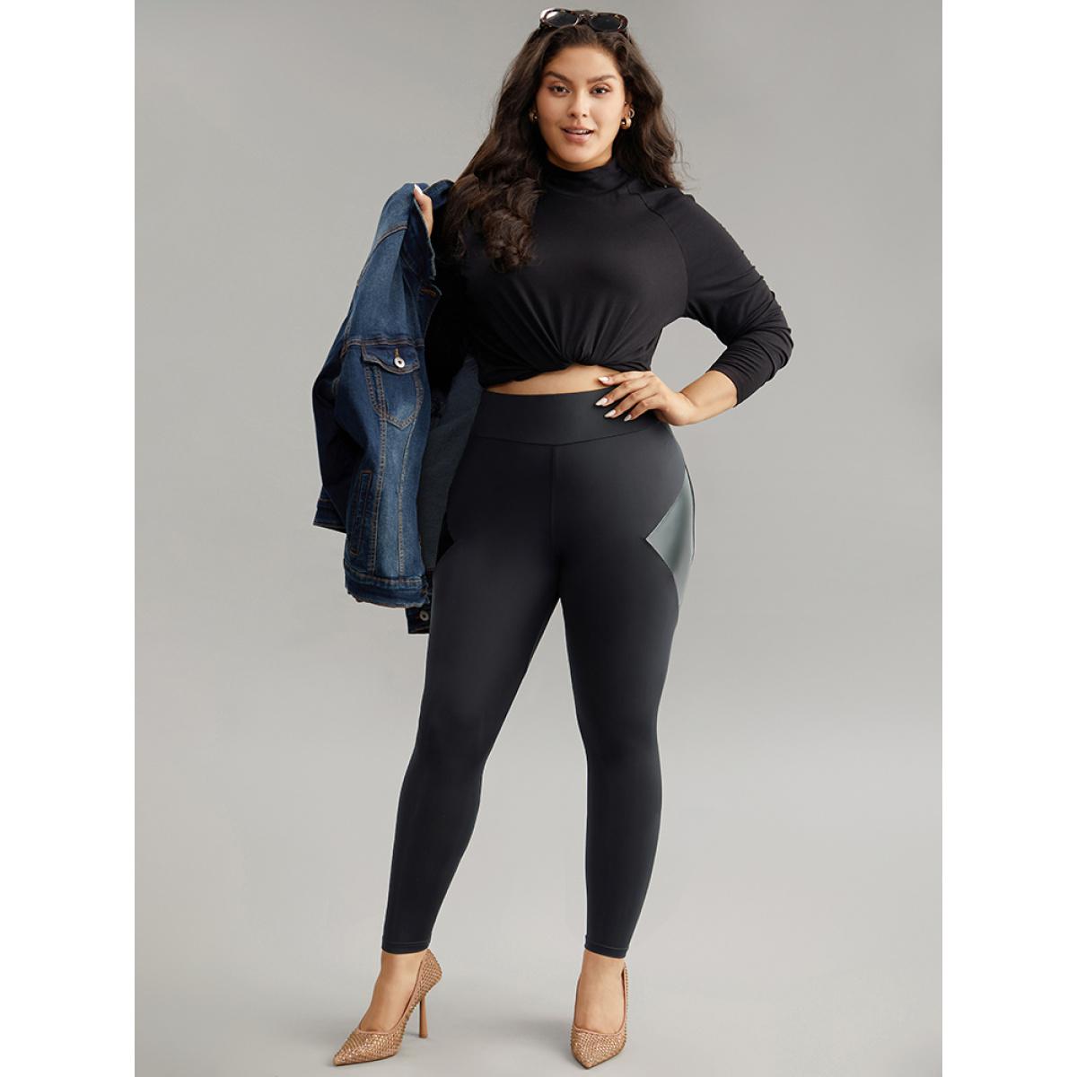 Plus Size Patchwork PU Leather High Rise Leggings Women Black Casual High stretch Skinny High Rise Dailywear Leggings BloomChic 30/6X Product Image