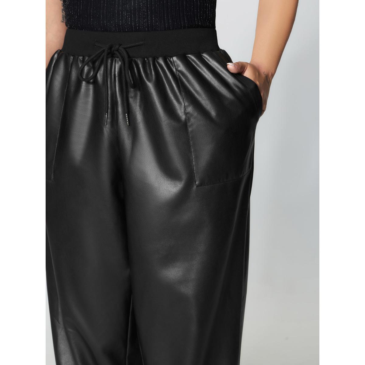 Plus Size Ribbed Trim Spliced Leather Drawstring Pants Women Black Party&Cocktail Bodycon Mid Rise Party Pants BloomChic 18-20/2X Product Image