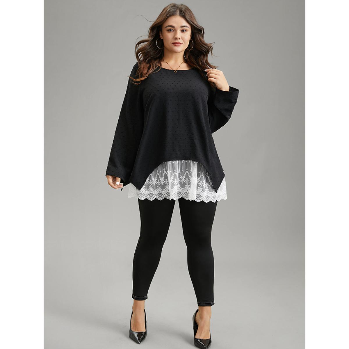 Plus Size Black Crochet Lace Mesh Polka Dot Asymmetrical Hem Blouse Women Elegant Long Sleeve Round Neck Everyday Blouses BloomChic 26/4X Product Image