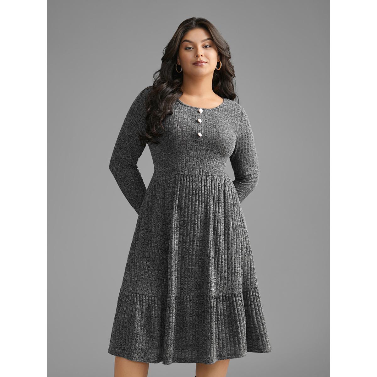Plus Size Crew Neck Rib Knit Button Detail Dress DimGray Women Casual Texture Knit Dresses Bloomchic 28/5X Product Image
