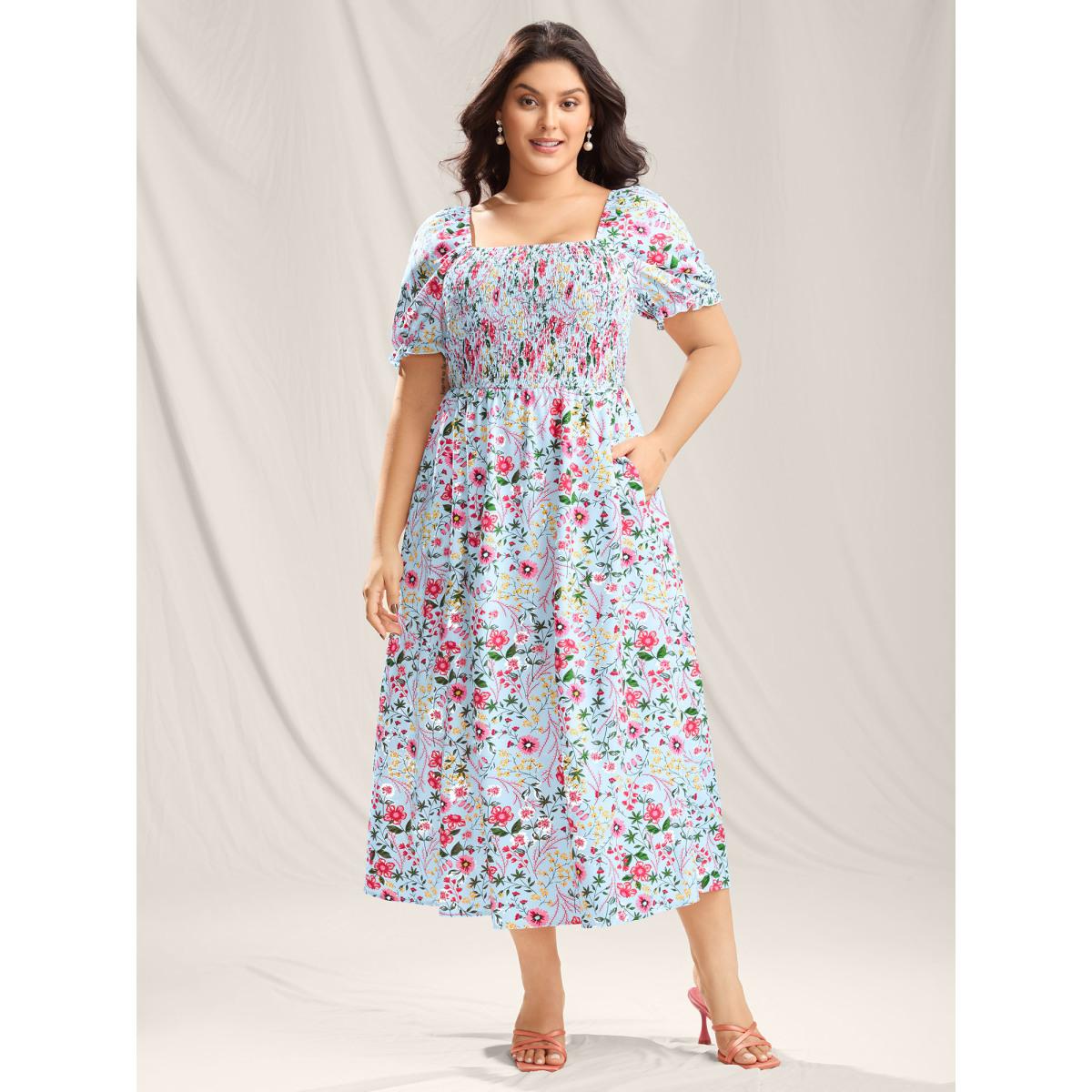 Plus Size Shirred Floral Print Pockets Maxi Dress LightBlue Women Timeless Square Neck Short sleeve Curvy BloomChic 28/5X Product Image