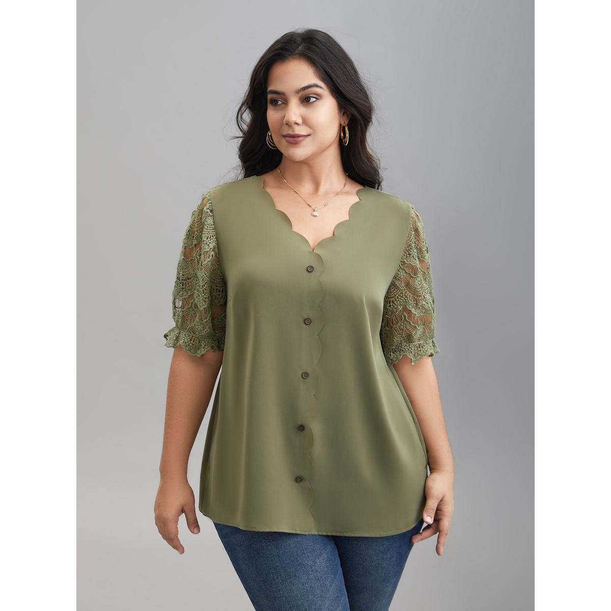 Plus Size Sage Lace Patchwork Scalloped Neck Front-Placket Blouse Women Elegant Half Sleeve V-neck Everyday Blouses BloomChic 12/L Product Image