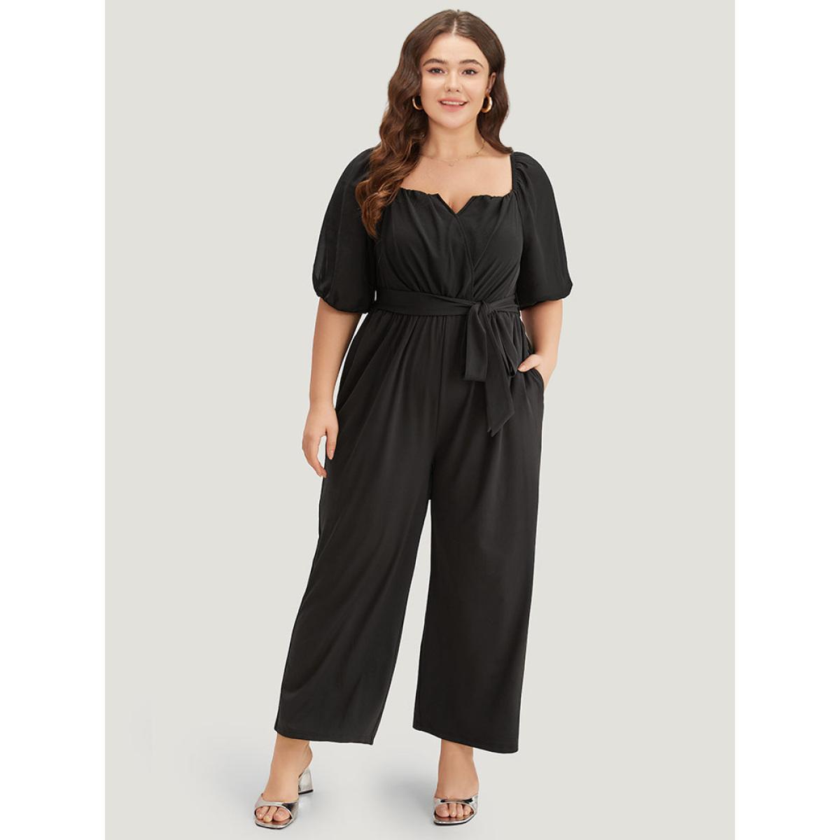 Plus Size Black Plain Square Neck Pocket Belted Zipper Jumpsuit Women Elegant Short sleeve Square Neck Dailywear Loose Jumpsuits BloomChic 10/M Product Image