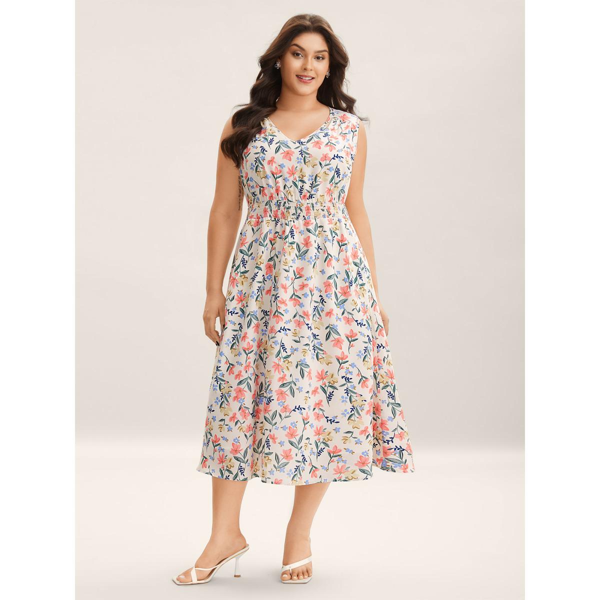Plus Size Shirred Waist Floral Print Pockets Midi Dress Ivory Women Timeless V-neck Sleeveless Curvy BloomChic 14-16/1X Product Image