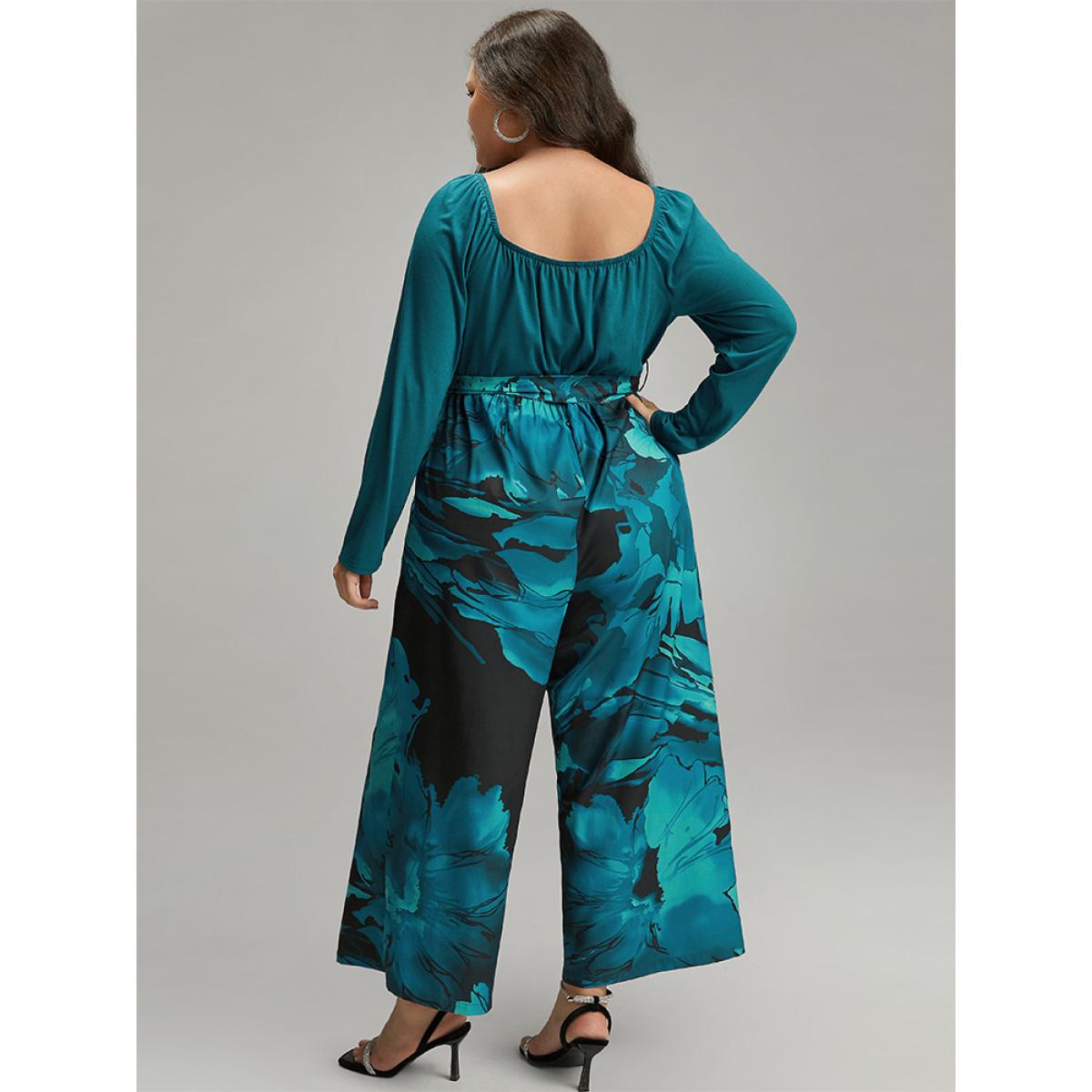 Plus Size Teal Floral Square Neck Gathered Belted Jumpsuit Women Glamour Long Sleeve Square Neck Going out Loose Jumpsuits BloomChic 10/M Product Image