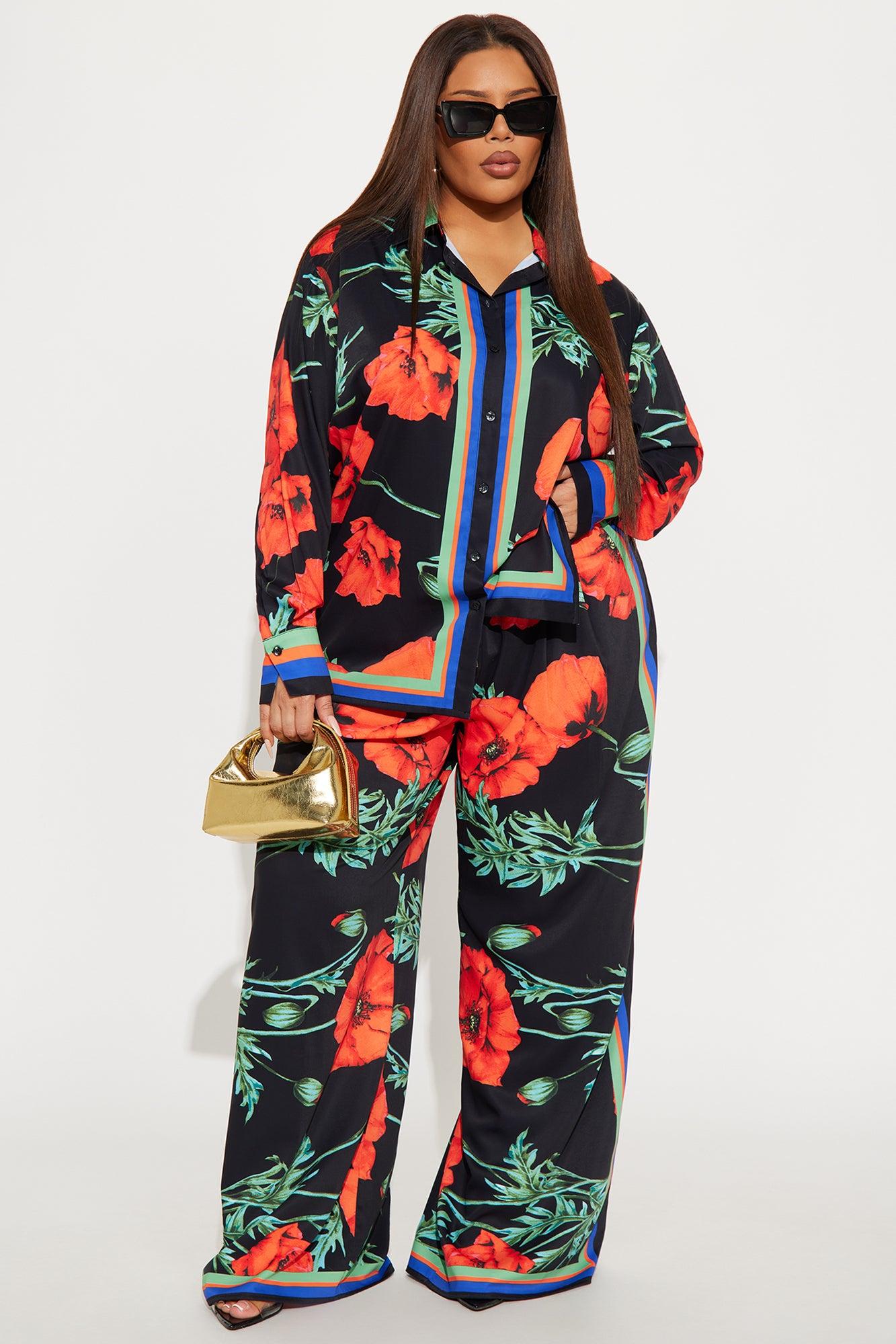 Show Out Floral Satin Pant Set - Black/combo Product Image