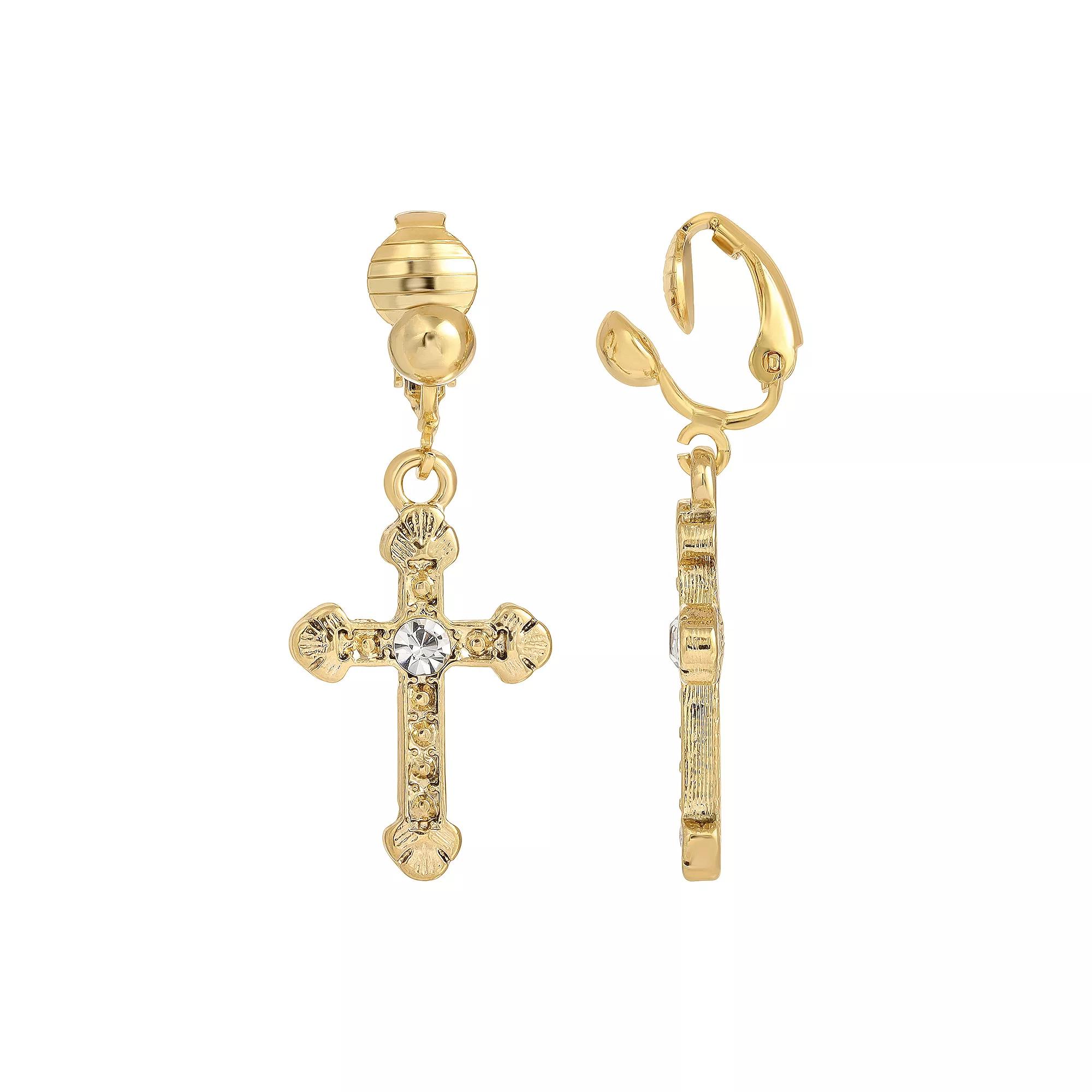 1928 Crystal Accent Cross Clip On Earrings, Womens, Gold Tone Product Image