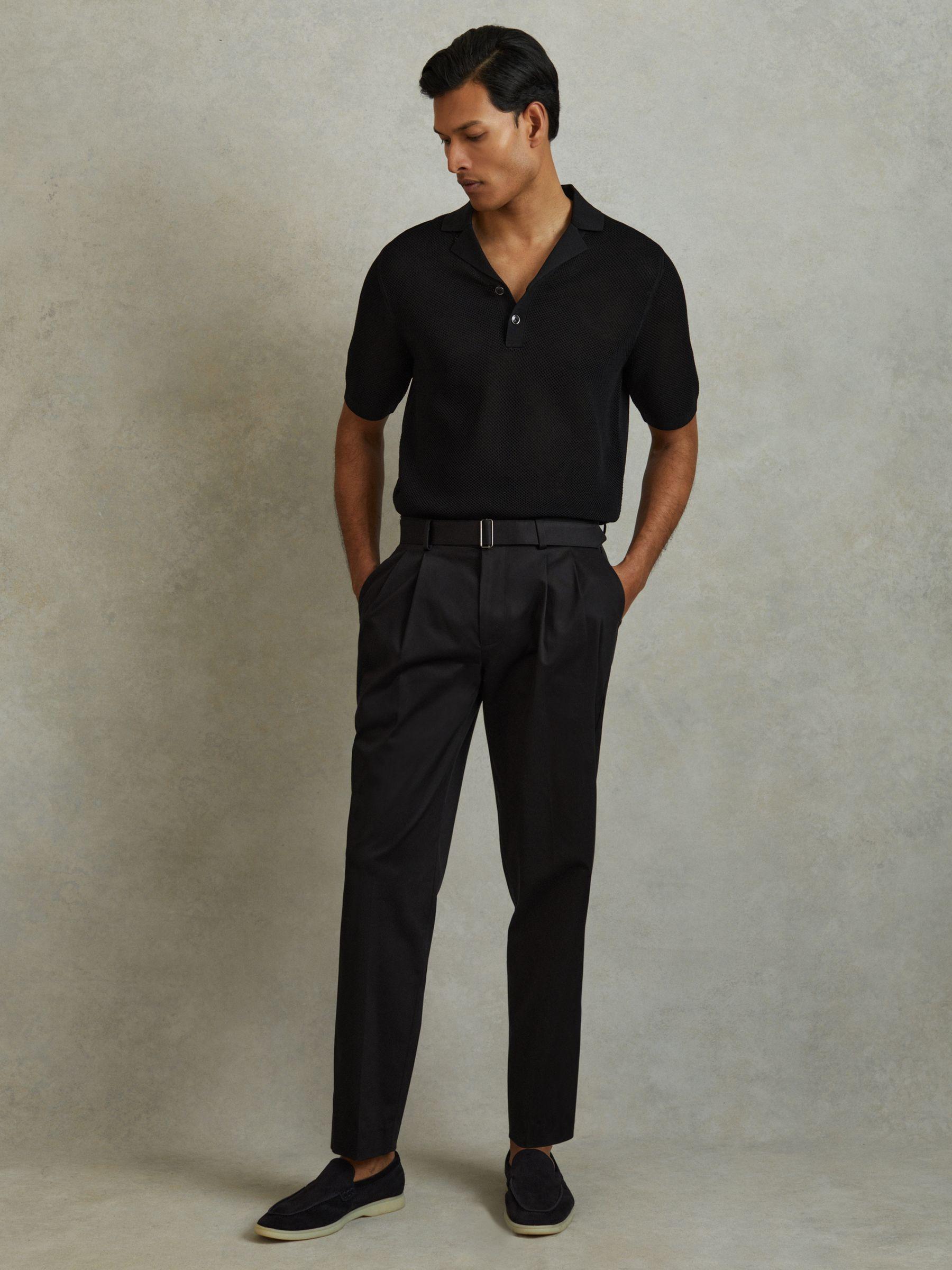 Open-Stitch Cuban-Collar Polo Shirt in Black Product Image