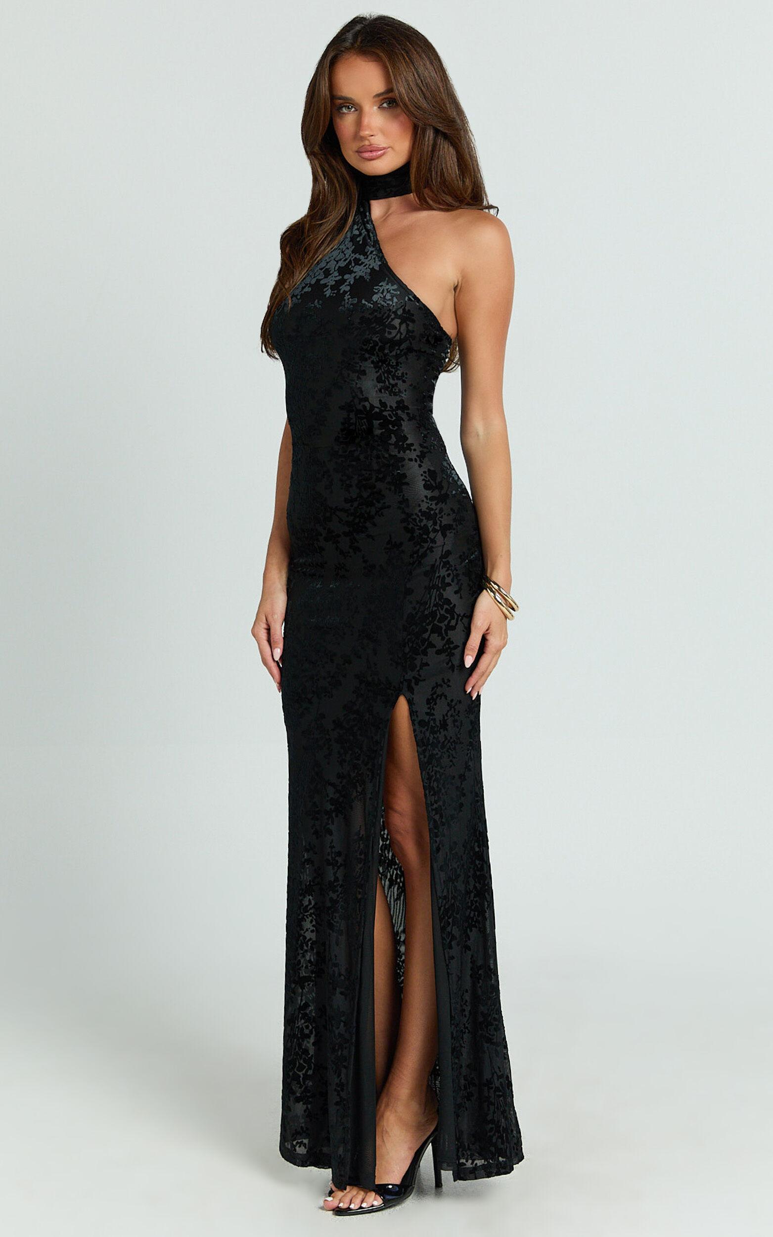 Milano Maxi Dress - One Shoulder Scarf Tie Neck Bodycon Dress in Black Product Image