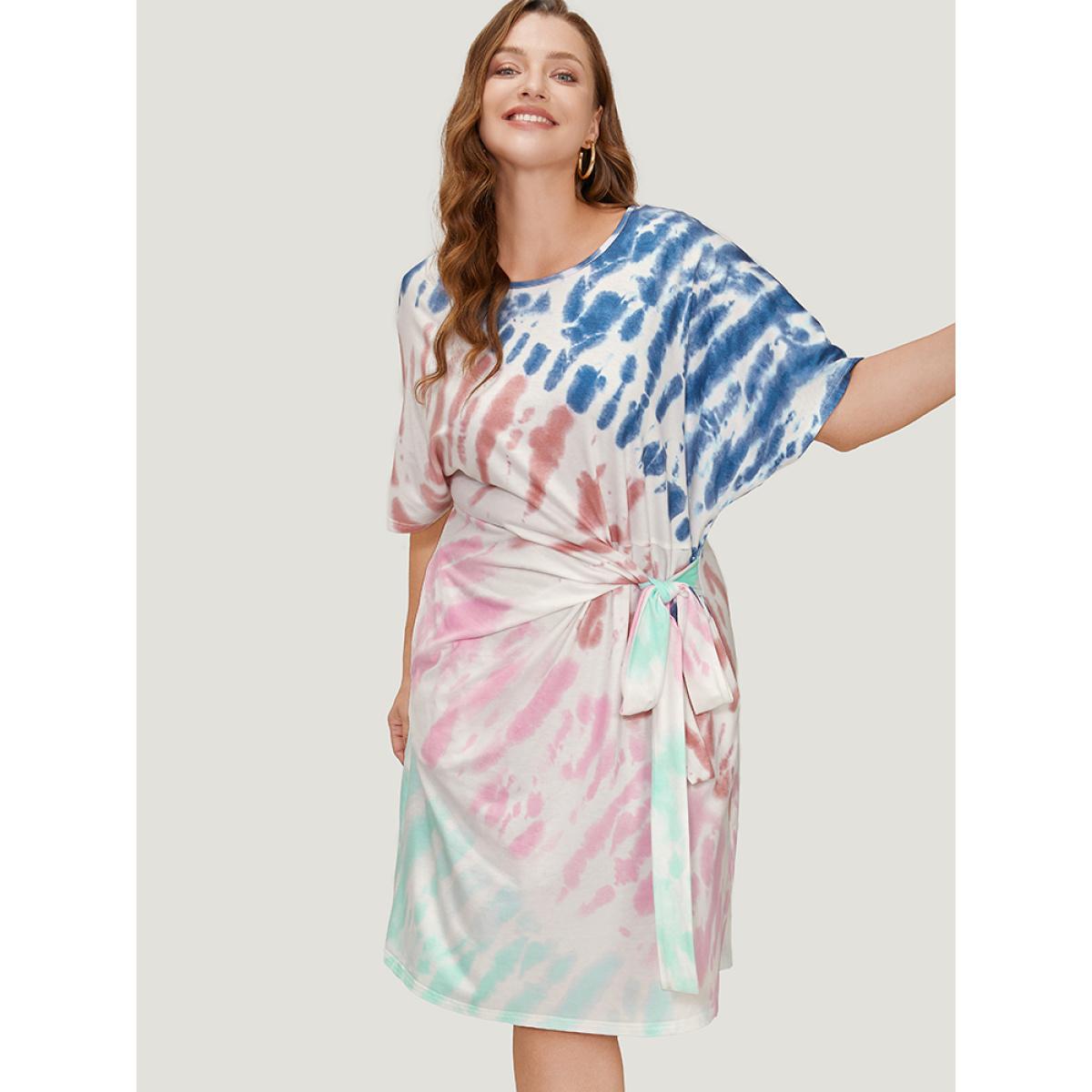 Plus Size Tie Dye Dolman Sleeve Pocket Knot Side Dress Multicolor Women Casual Knotted Round Neck Short sleeve Curvy Midi Dress BloomChic 18-20/2X Product Image