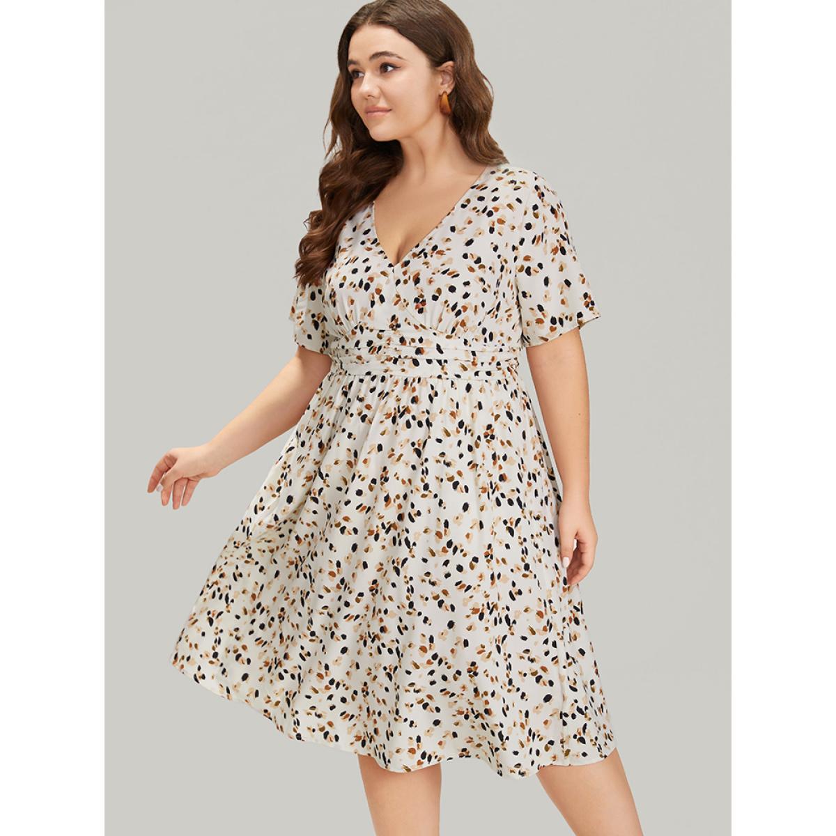 Plus Size Leopard Print Empire Waist Ruffle Hem Deep V Neck Dress Beige Women Elegant Ruched Deep V-neck Short sleeve Curvy Knee Dress BloomChic 30/6X Product Image