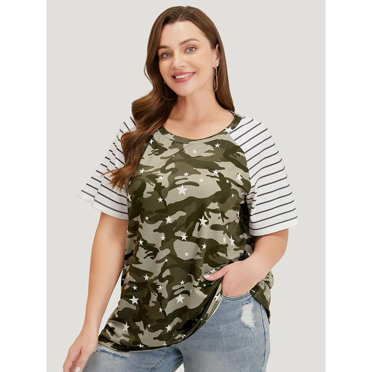 Plus Size Camo & Striped Print Raglan Sleeve T-shirt Multicolor Women Casual Contrast Camo Round Neck Dailywear T-shirts BloomChic 28/5X Product Image