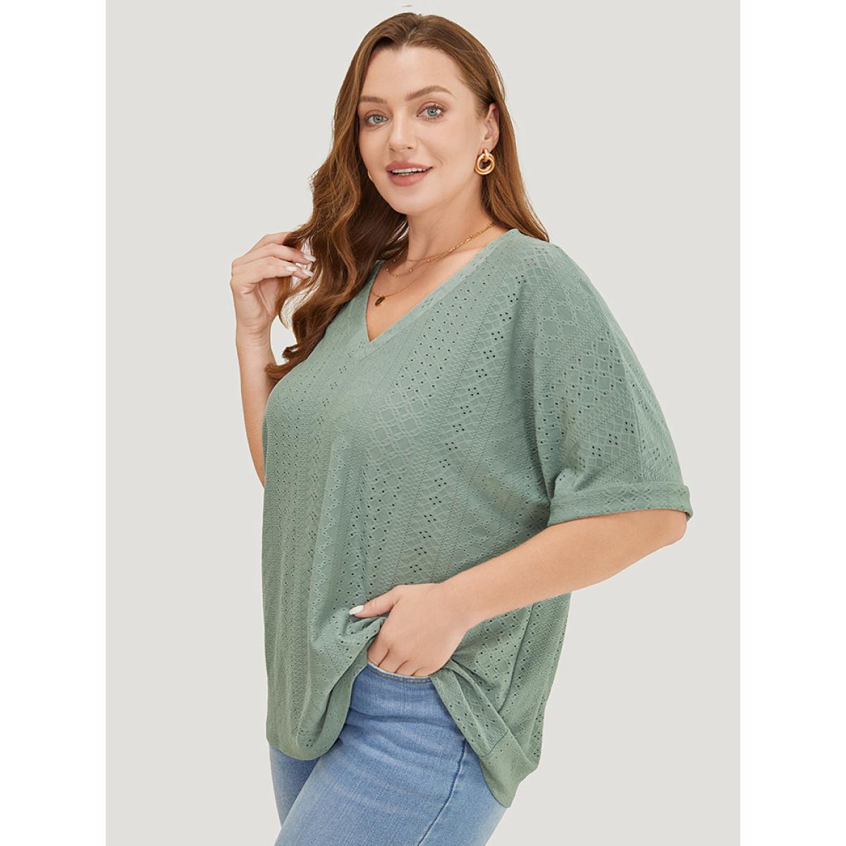 Plus Size Plain Roll Sleeve Broderie Anglaise T-shirt Sage Women Casual Broderie anglaise Plain V-neck Dailywear T-shirts BloomChic 10/M Product Image