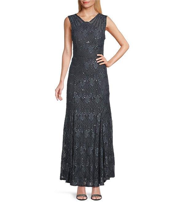 R & M Richards Petite Size Sleeveless Lace Round Neck Fit and Flare Dress Product Image