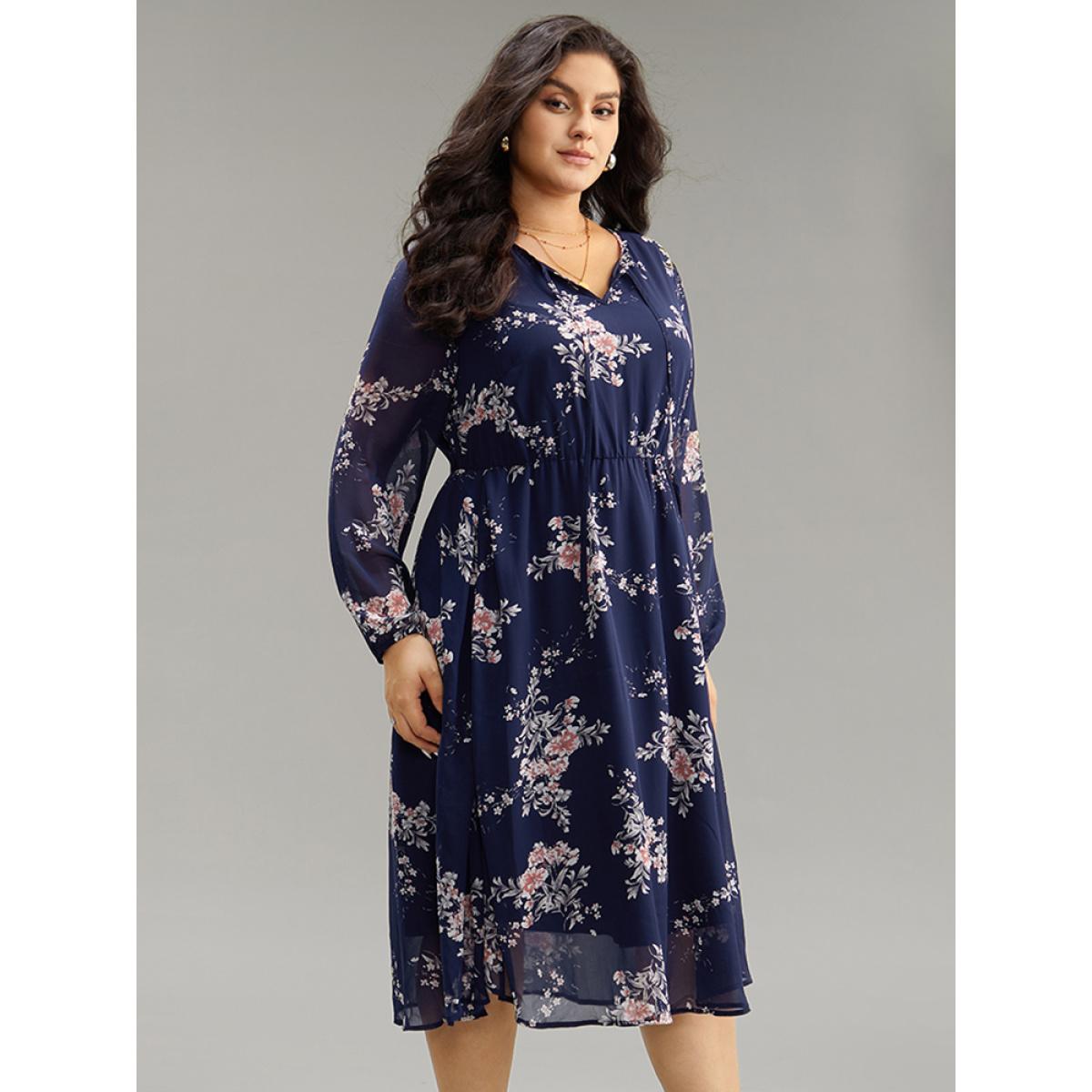 Plus Size Floral Print Knot Neck Pocket Dress DarkBlue Women Elegant See through Tie Neck Long Sleeve Curvy Midi Dress BloomChic 14-16/1X Product Image