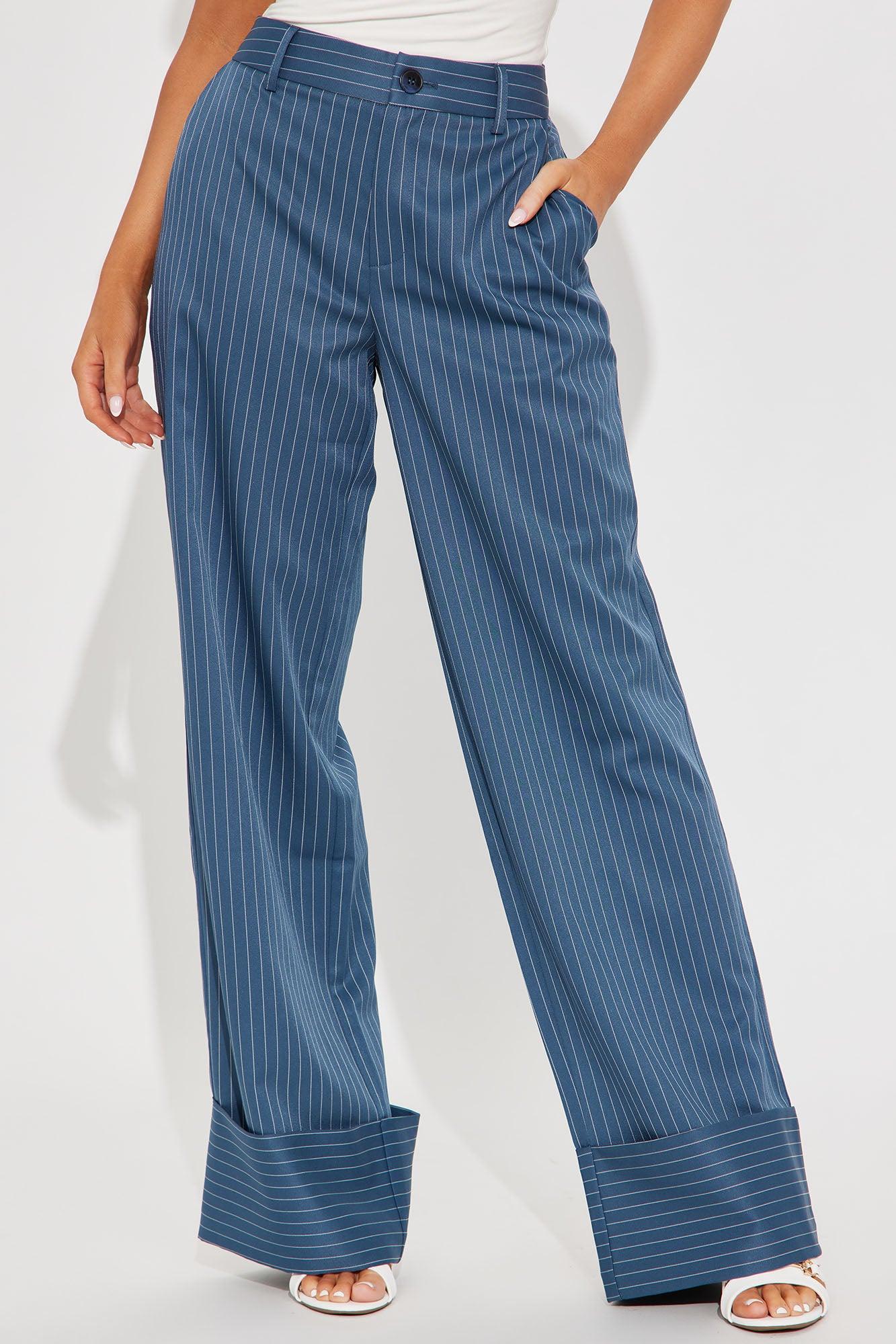 On A Tight Schedule Pinstripe Cuffed Trouser Pant - Blue Female Product Image