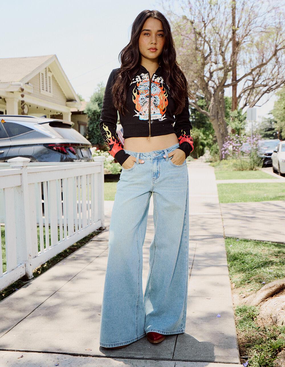 ED HARDY Tiger Flame Womens Crop Zip-Up Hoodie - BLACK Product Image