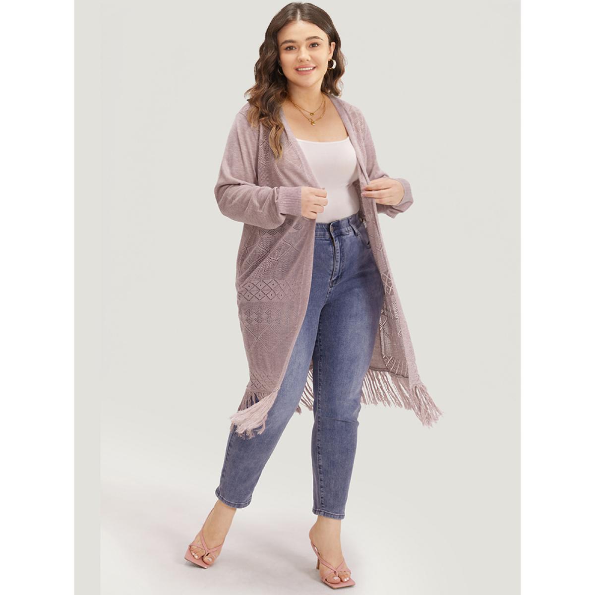 Plus Size Geometric Eyelet Fringe Trim Open Front Cardigan WhiteSmoke Women Casual Loose Long Sleeve Dailywear Cardigans BloomChic 28/5X Product Image