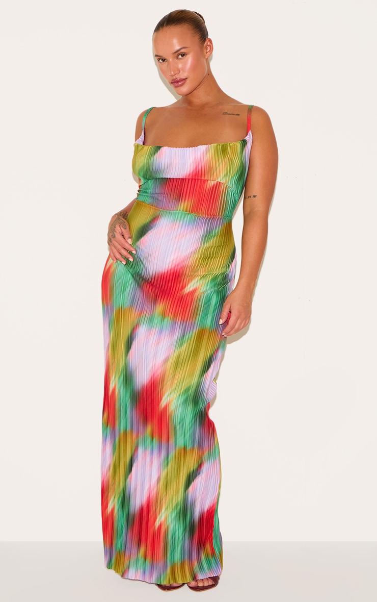 Plus Multi Printed Plisse Cowl Neck Maxi Dress Product Image