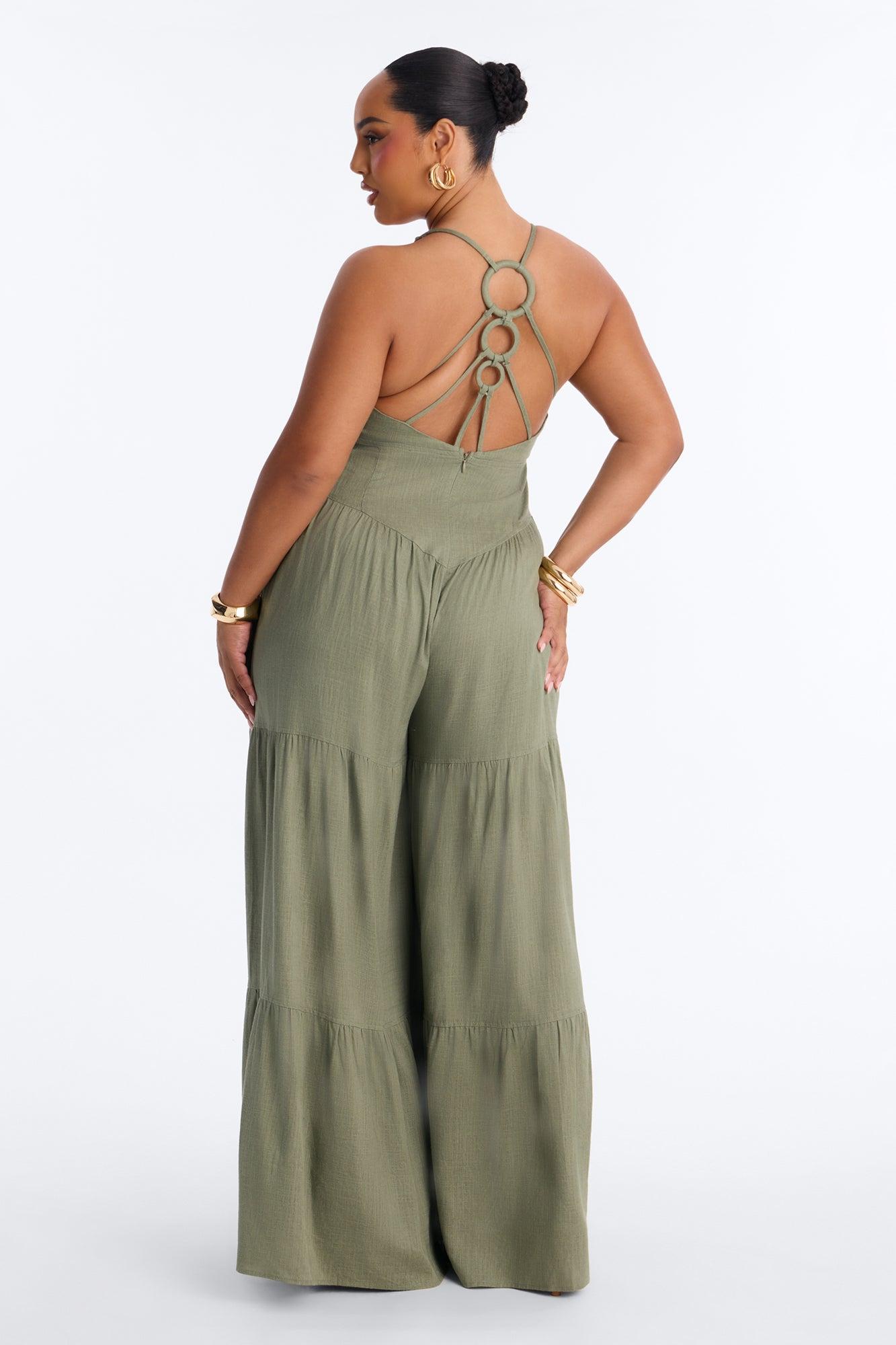 Belle Denim Tiered Wide Leg Jumpsuit - Olive Female Product Image
