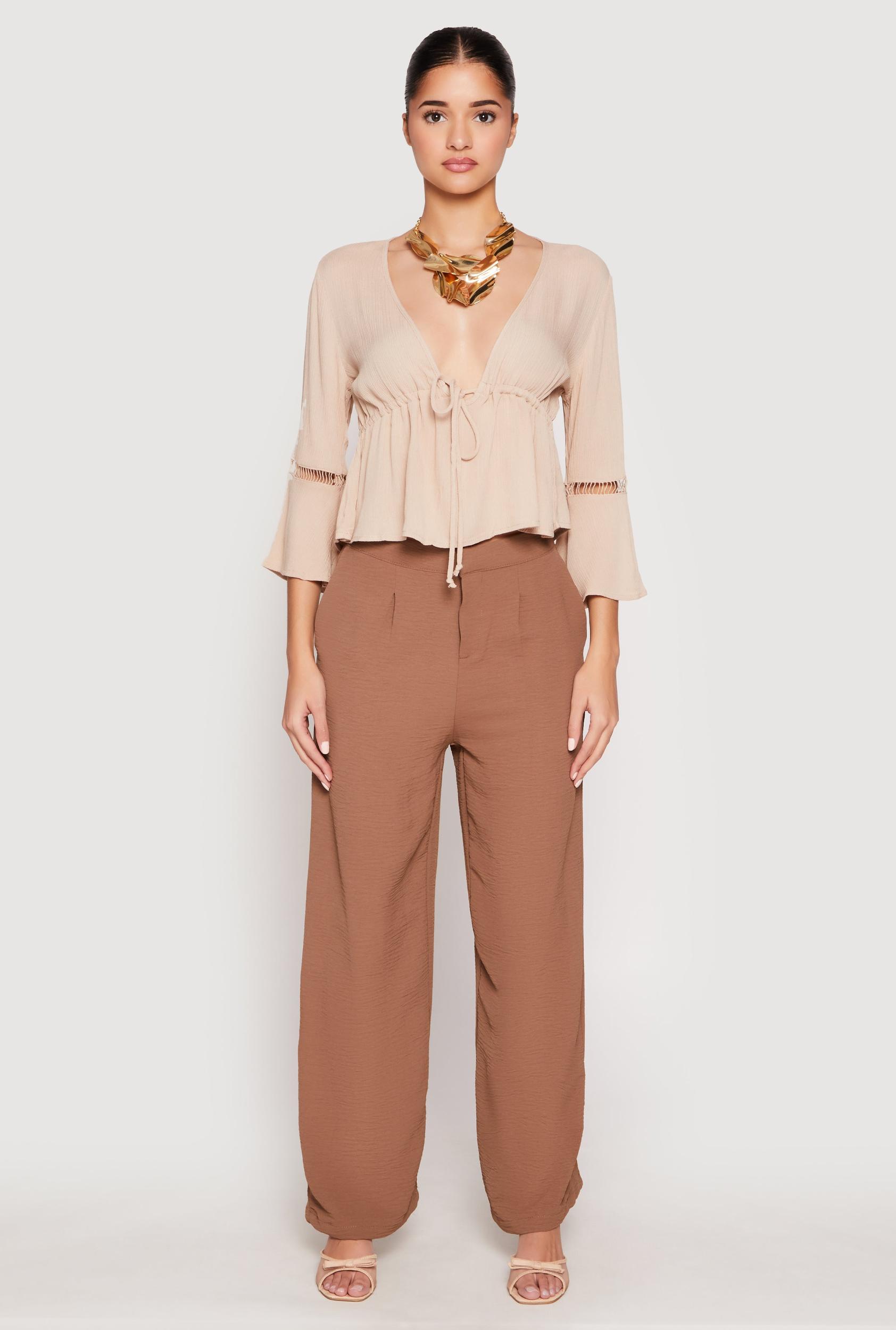 Womens Gauze Knit Tie Front Keyhole Blouse Product Image