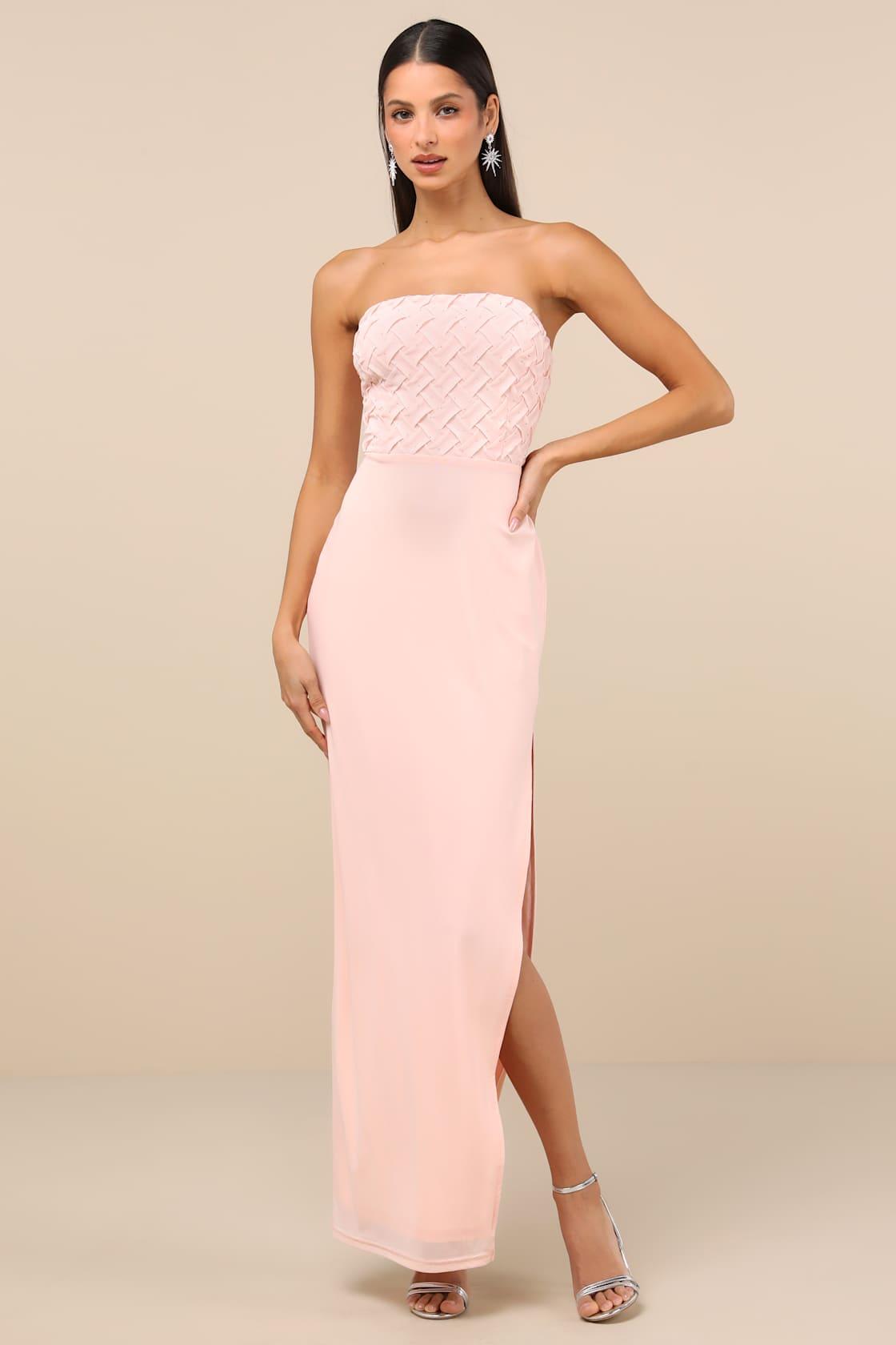 Stunning Concept Light Pink Mesh Rhinestone Strapless Maxi Dress Product Image