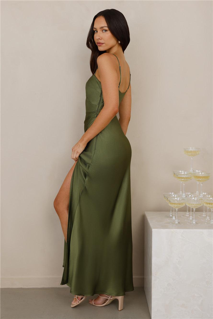 The Violetta Satin Maxi Dress Olive Product Image