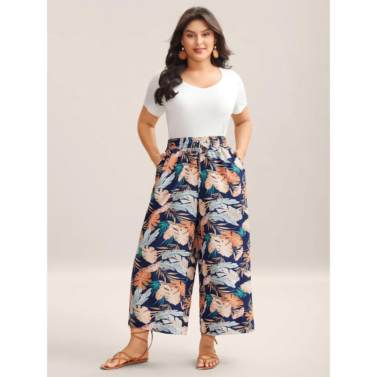 Plus Size Tropical Leaf Print Wide-Leg Pants Women Indigo Resort Wide Leg Mid Rise Vacation Pants BloomChic 22-24/3X Product Image