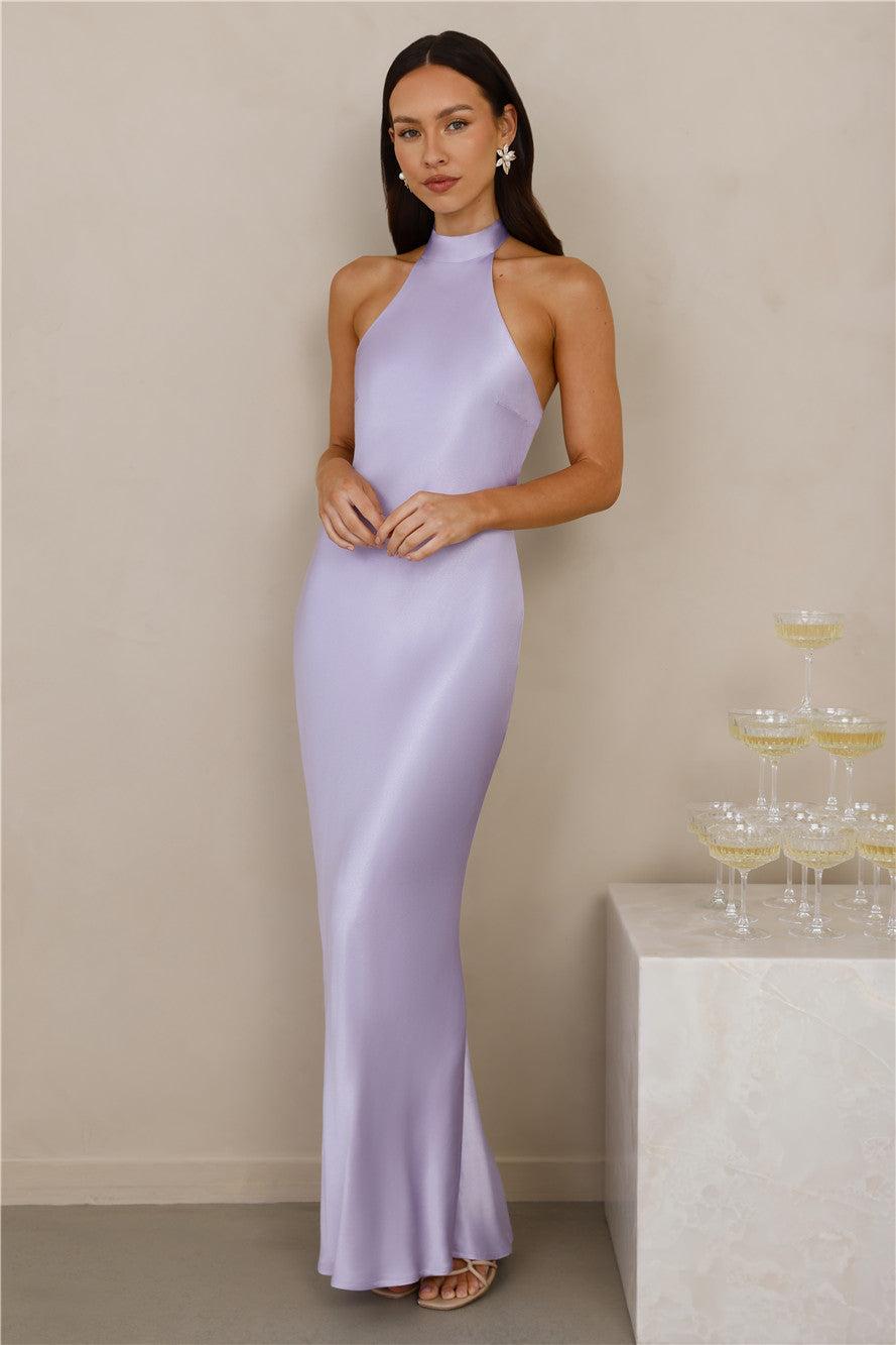 The Cleo Halter Satin Maxi Dress Lilac Product Image